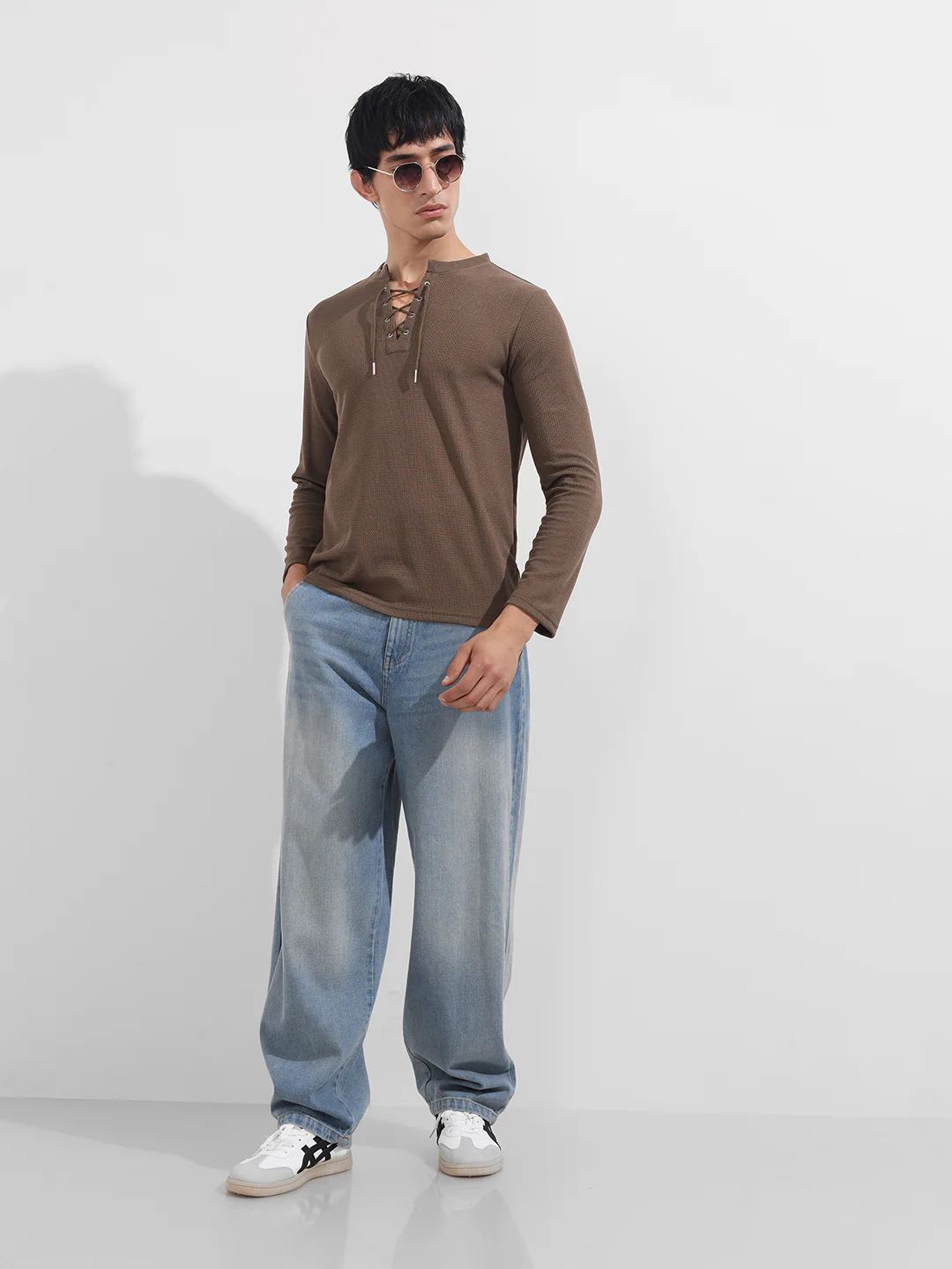 Men's Brown Regular Fit Textured Casual T-Shirt - Image 2