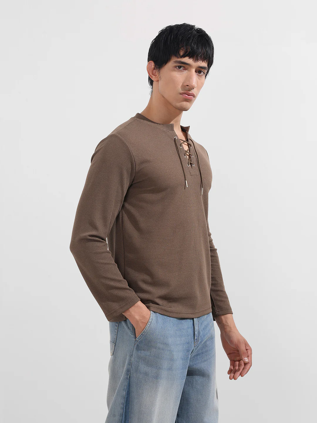 Men's Brown Regular Fit Textured Casual T-Shirt - Image 4