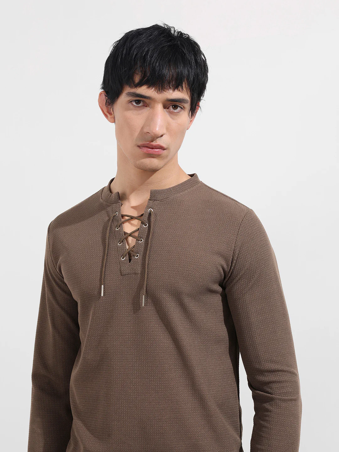Men's Brown Regular Fit Textured Casual T-Shirt - Image 5