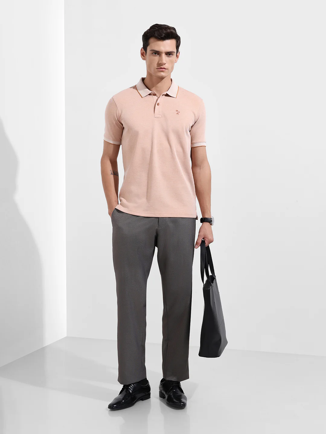 Men's Almond Regular Fit Textured Casual T-Shirt - Image 2