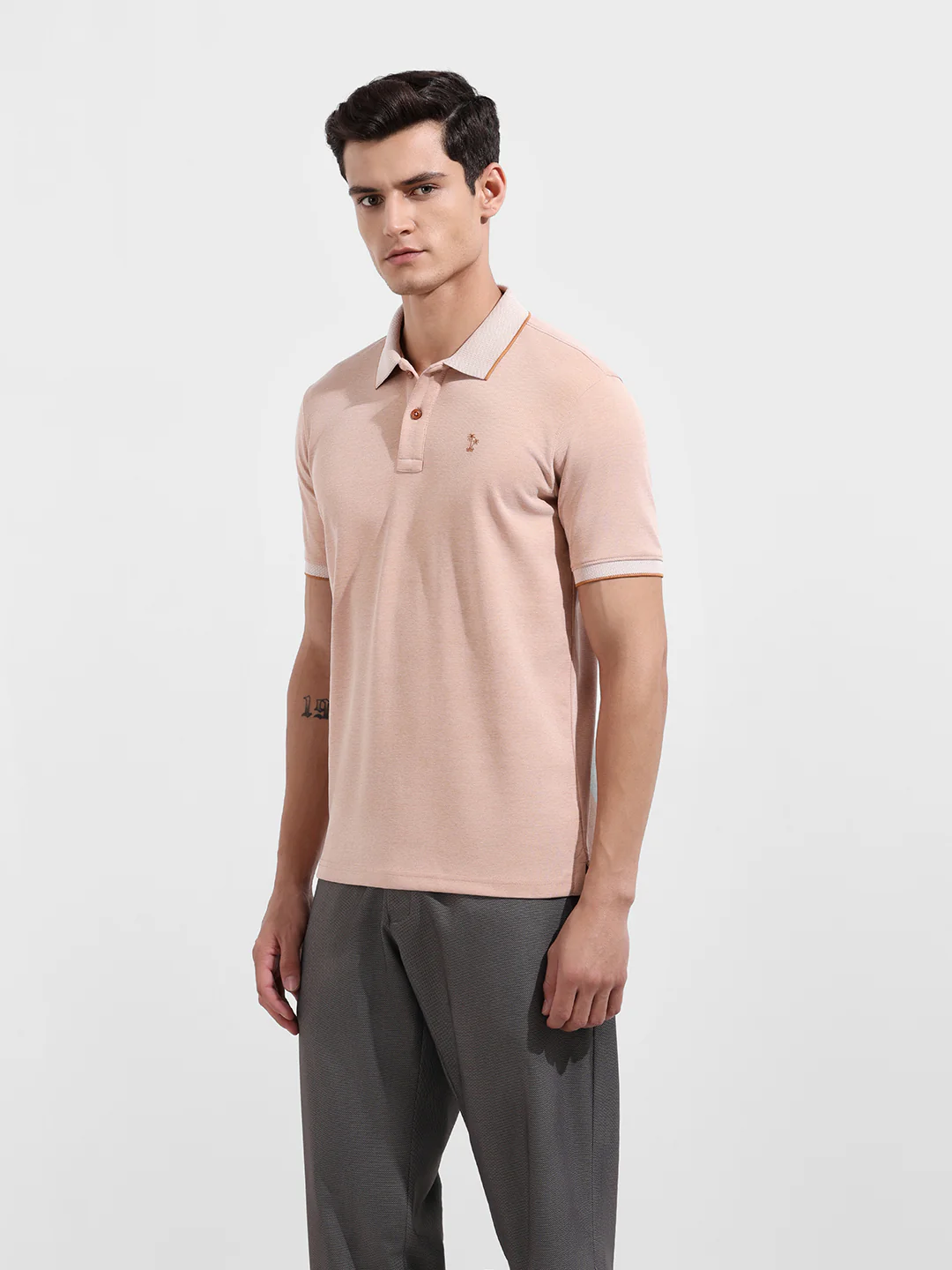 Men's Almond Regular Fit Textured Casual T-Shirt - Image 4