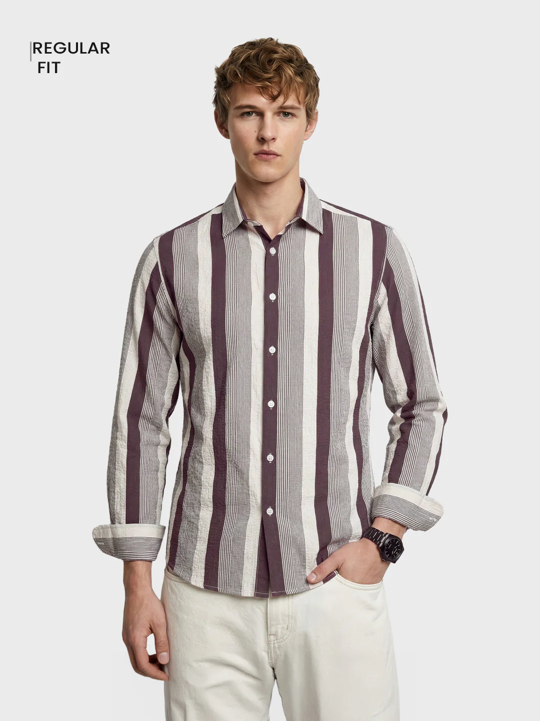 Men's Brown Regular Fit Vertical Stripes Casual Shirt - Image 2