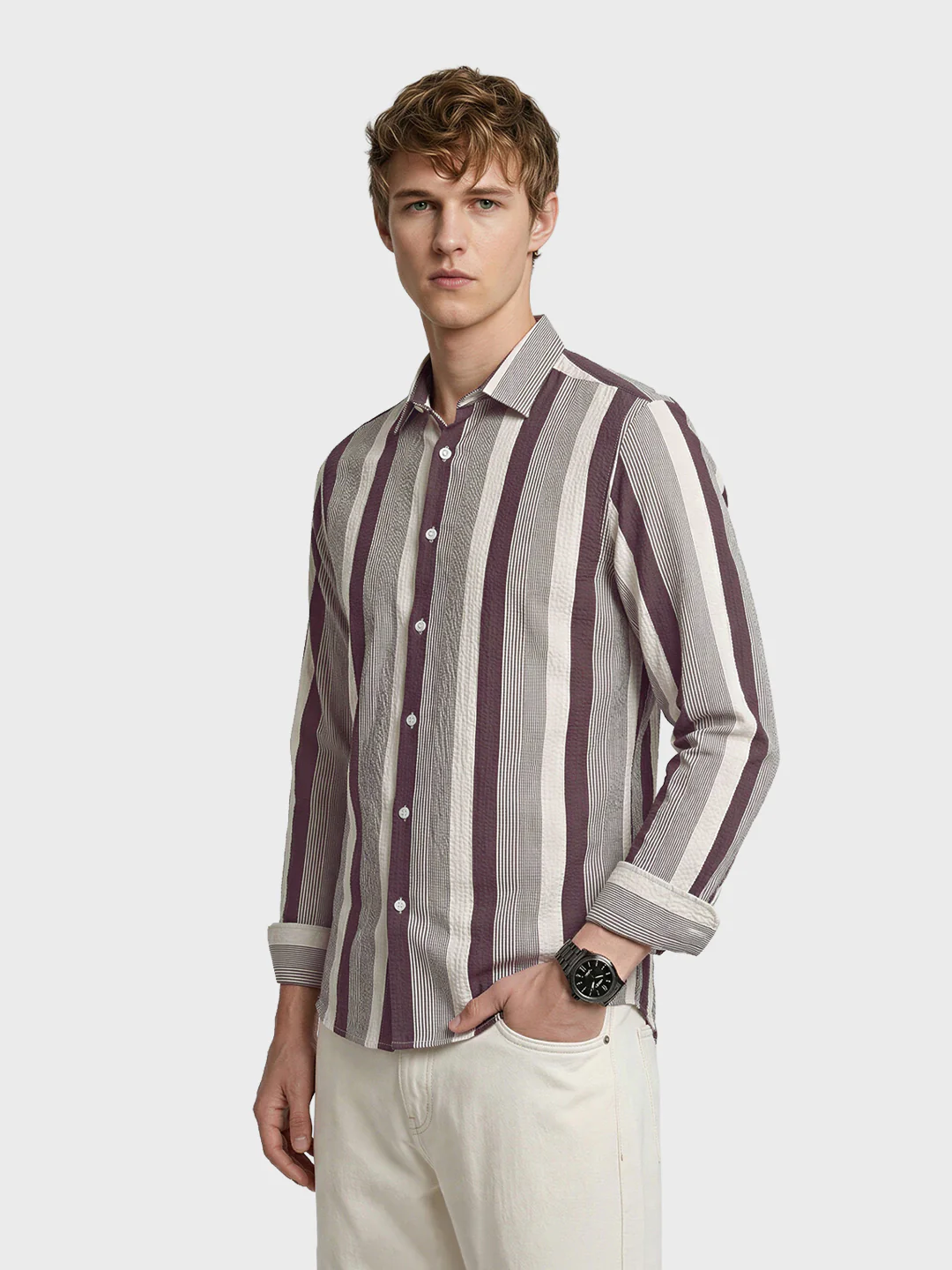 Men's Brown Regular Fit Vertical Stripes Casual Shirt - Image 4