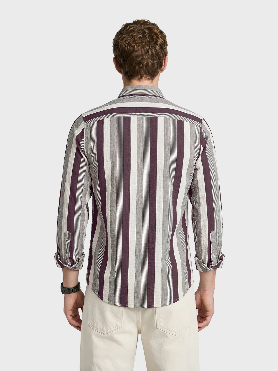 Men's Brown Regular Fit Vertical Stripes Casual Shirt - Image 5