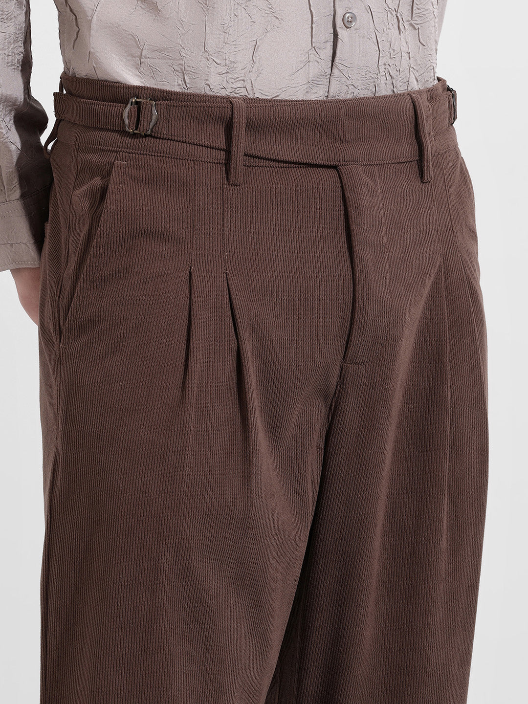 Men's Brown Relaxed Fit Textured Casual Trousers - Image 4