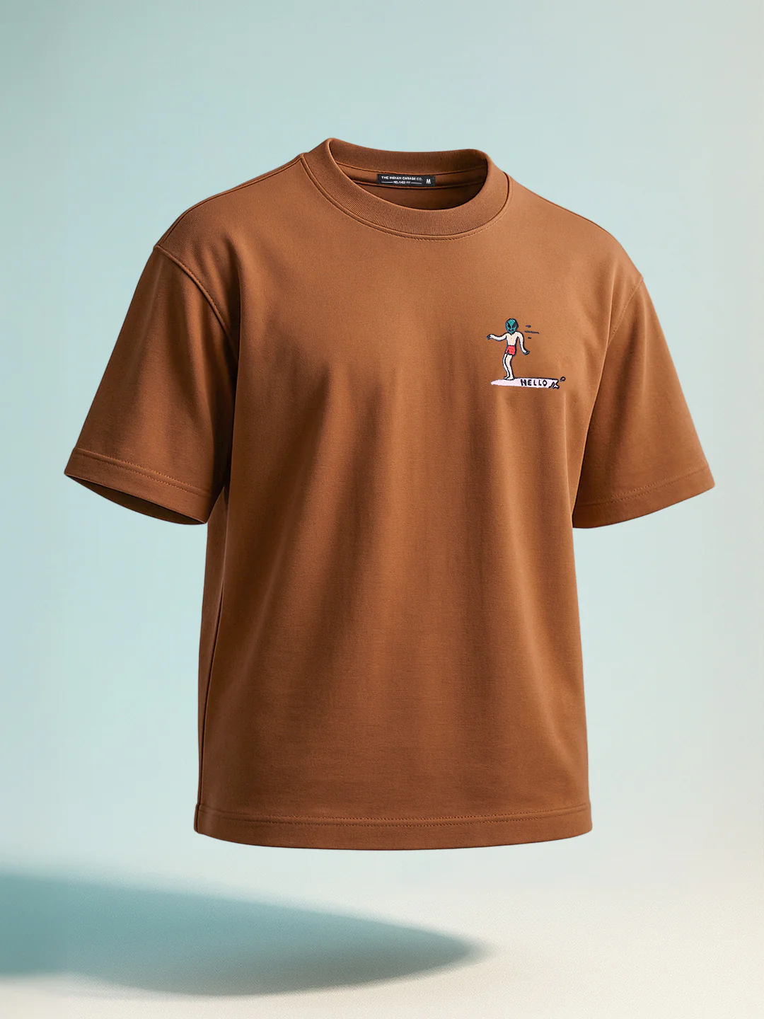 Men's Brown Relaxed Fit Embroided 240 GSM Casual T-Shirt - Image 2