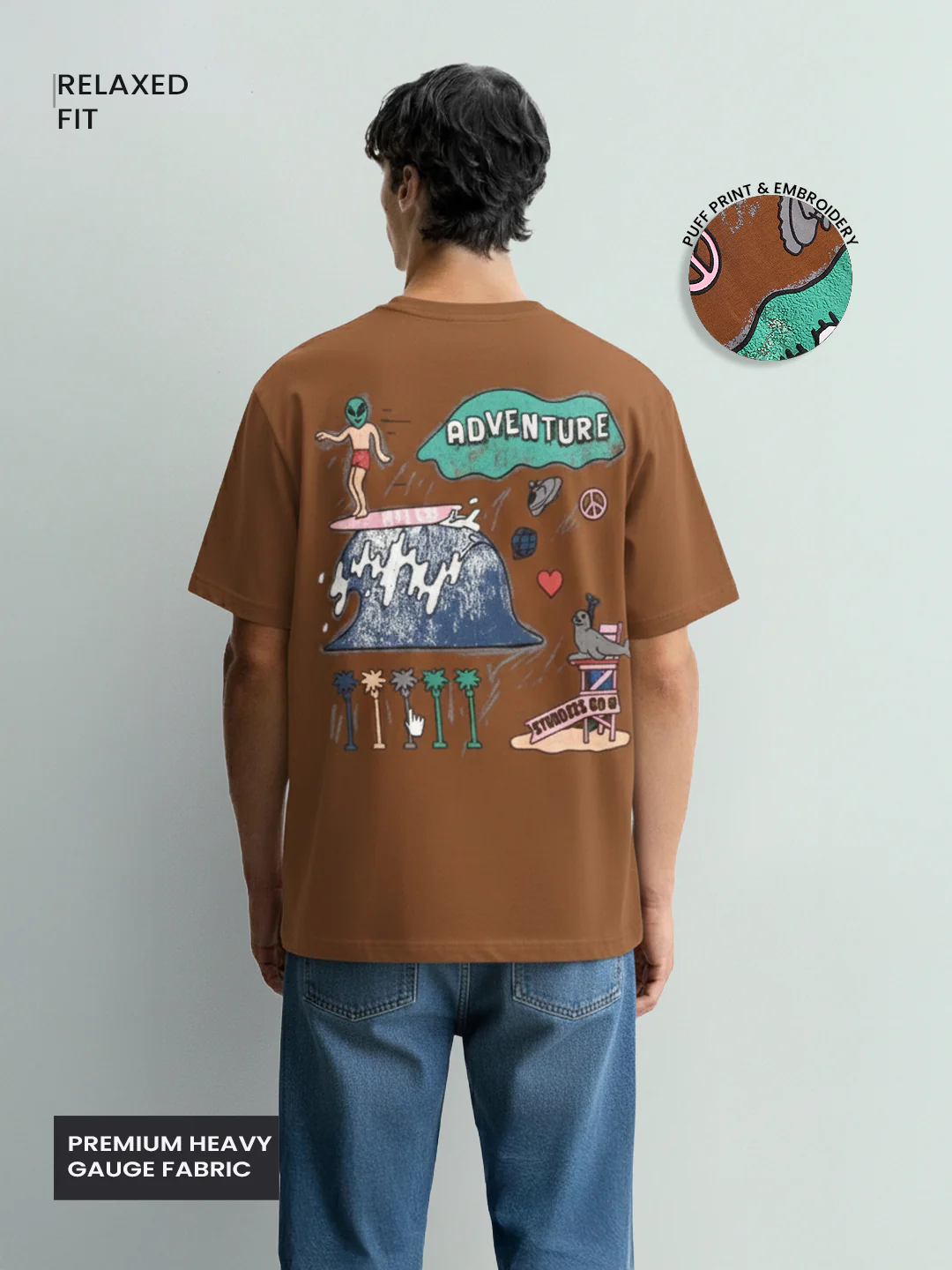 Men's Brown Relaxed Fit Embroided 240 GSM Casual T-Shirt - Image 3