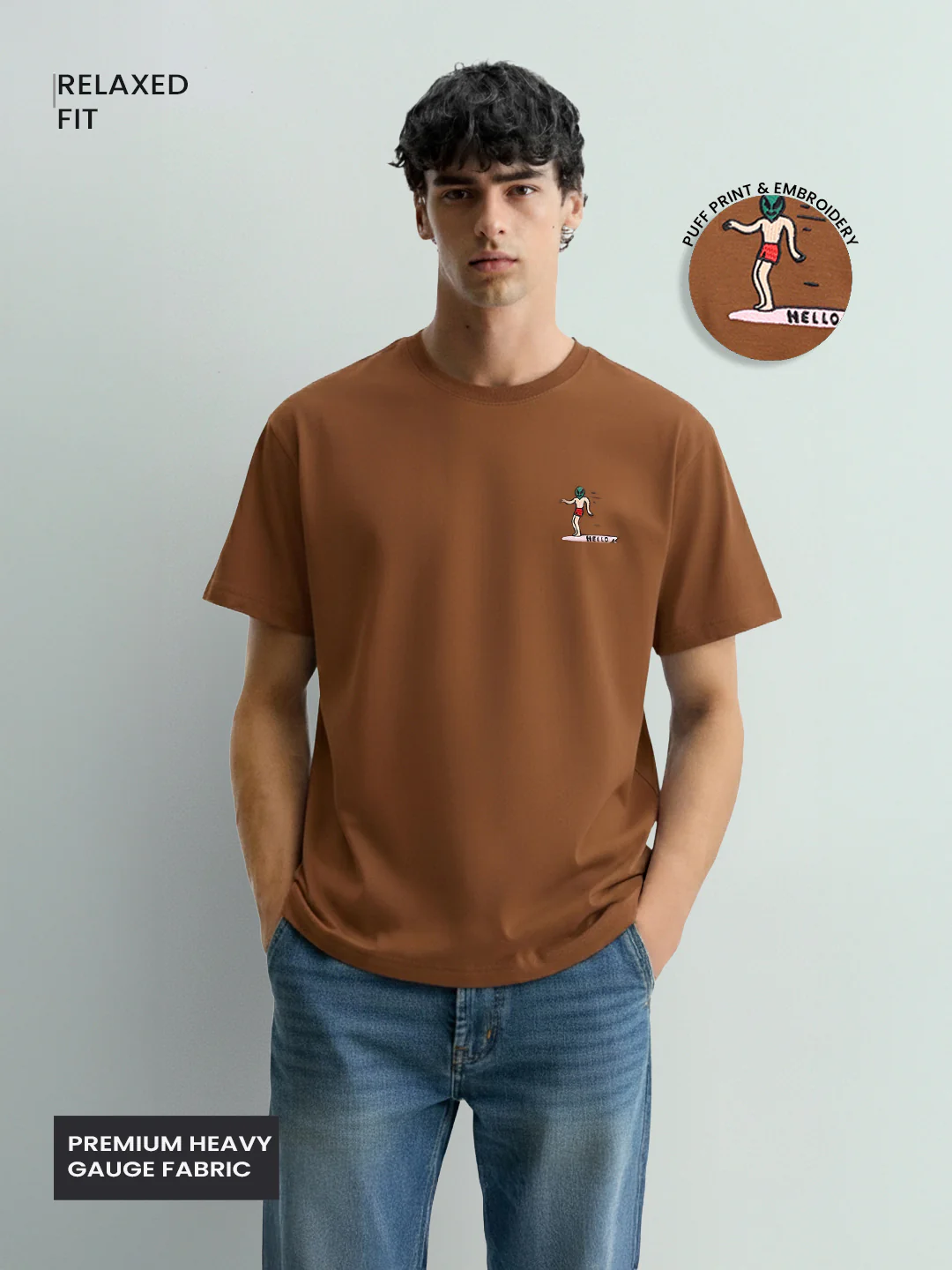 Men's Brown Relaxed Fit Embroided 240 GSM Casual T-Shirt - Image 4