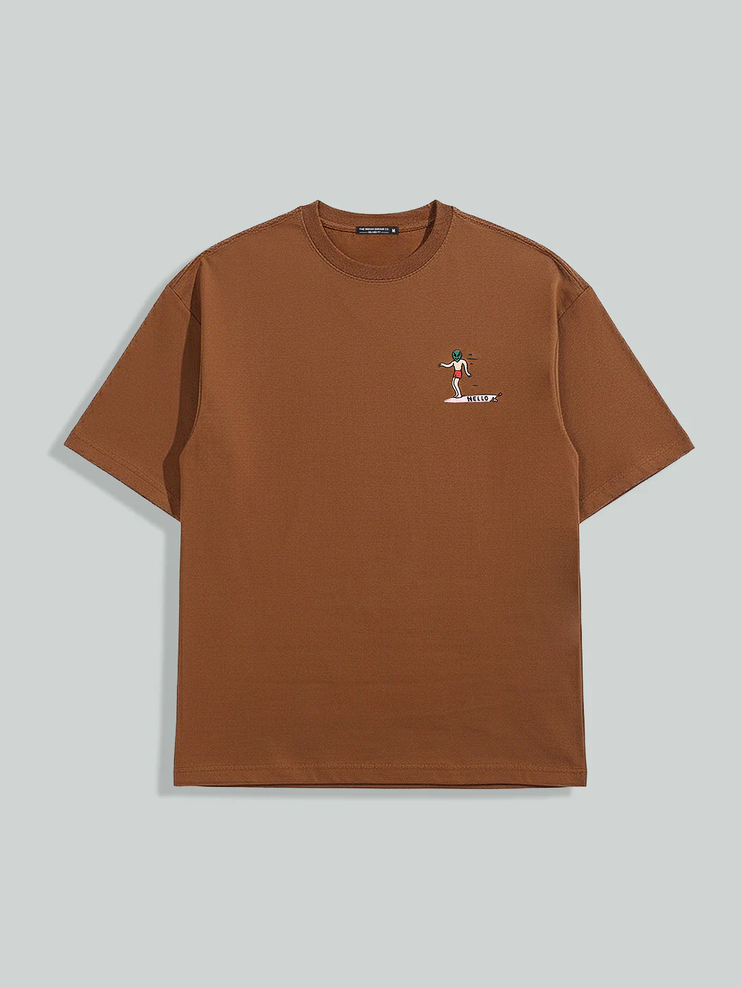 Men's Brown Relaxed Fit Embroided 240 GSM Casual T-Shirt - Image 5