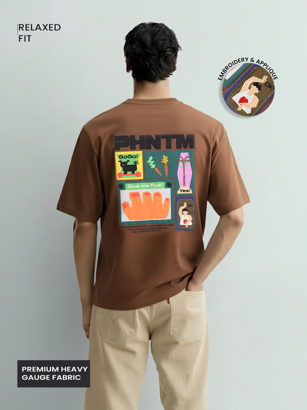 Men's Brown Relaxed Fit Embroided 240 GSM Casual T-Shirt - Image 3