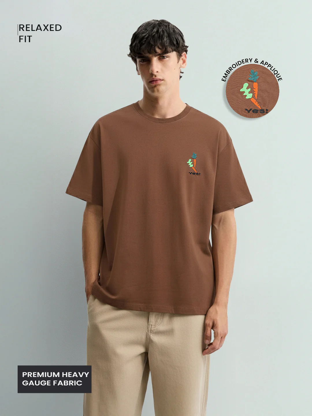 Men's Brown Relaxed Fit Embroided 240 GSM Casual T-Shirt - Image 4