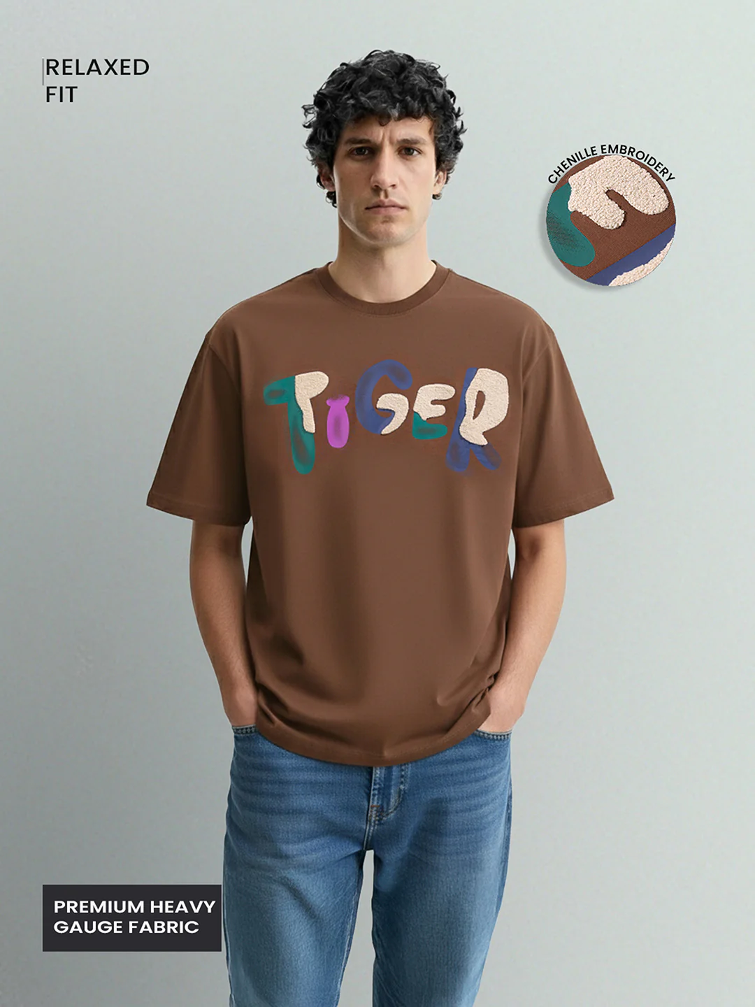 Men's Brown Relaxed Fit Embroided 240 GSM Casual T-Shirt - Image 3