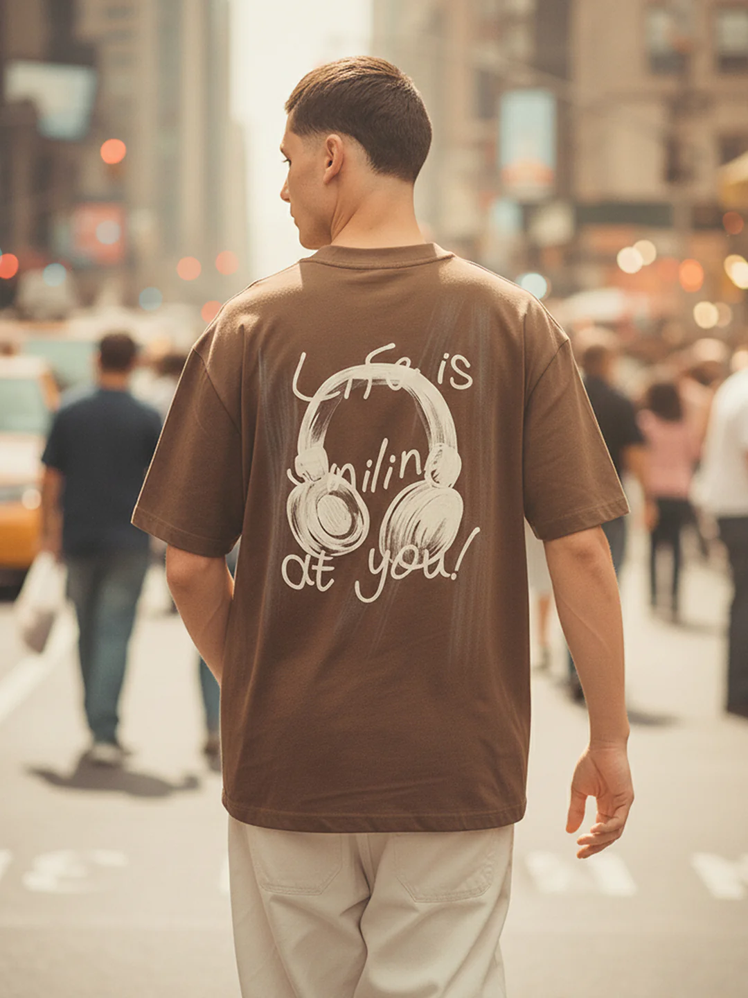 Men's Brown Relaxed Fit Graphic Printed 240 GSM Street Wear T-Shirt - Image 3