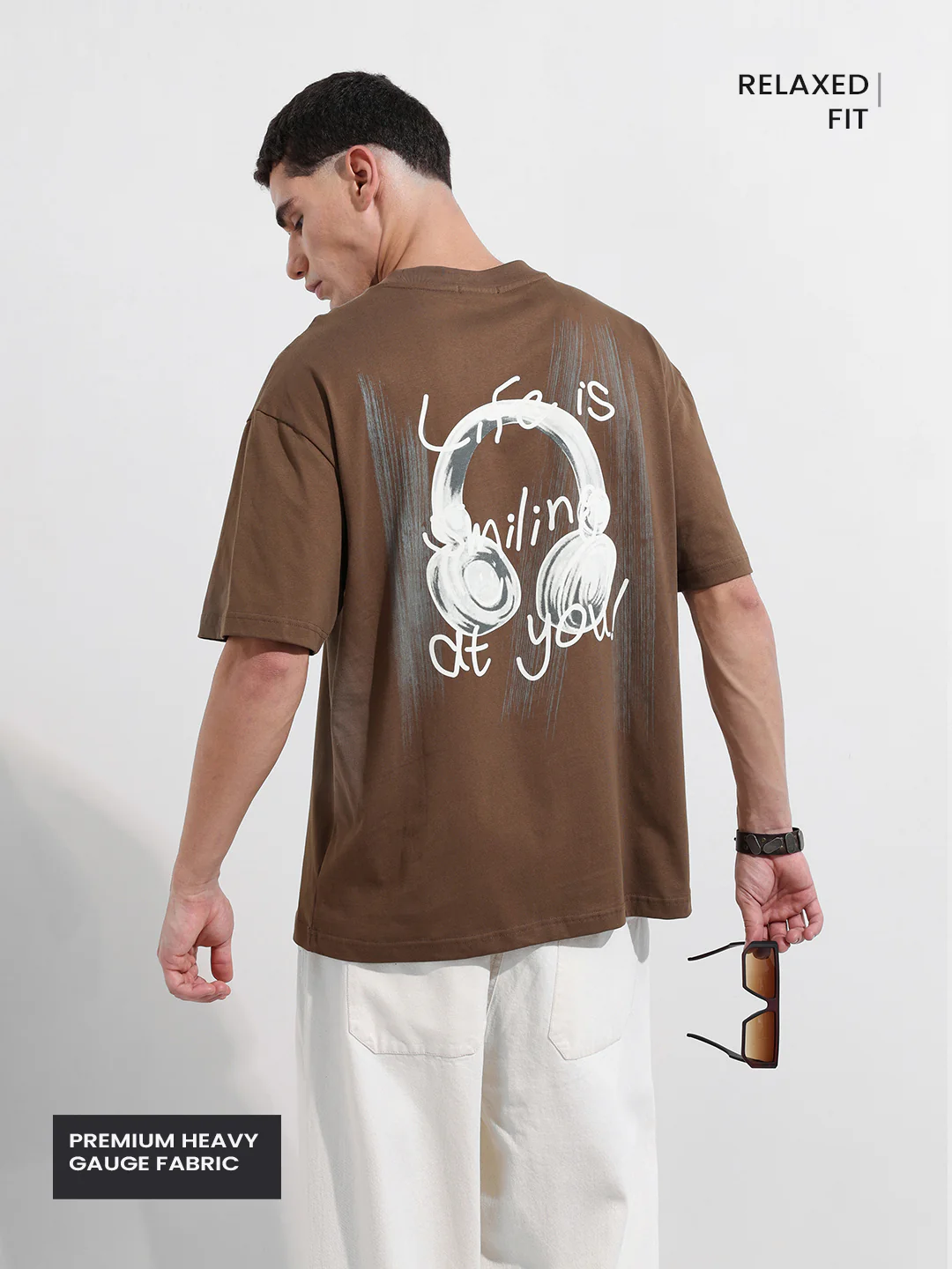 Men's Brown Relaxed Fit Graphic Printed 240 GSM Street Wear T-Shirt - Image 4