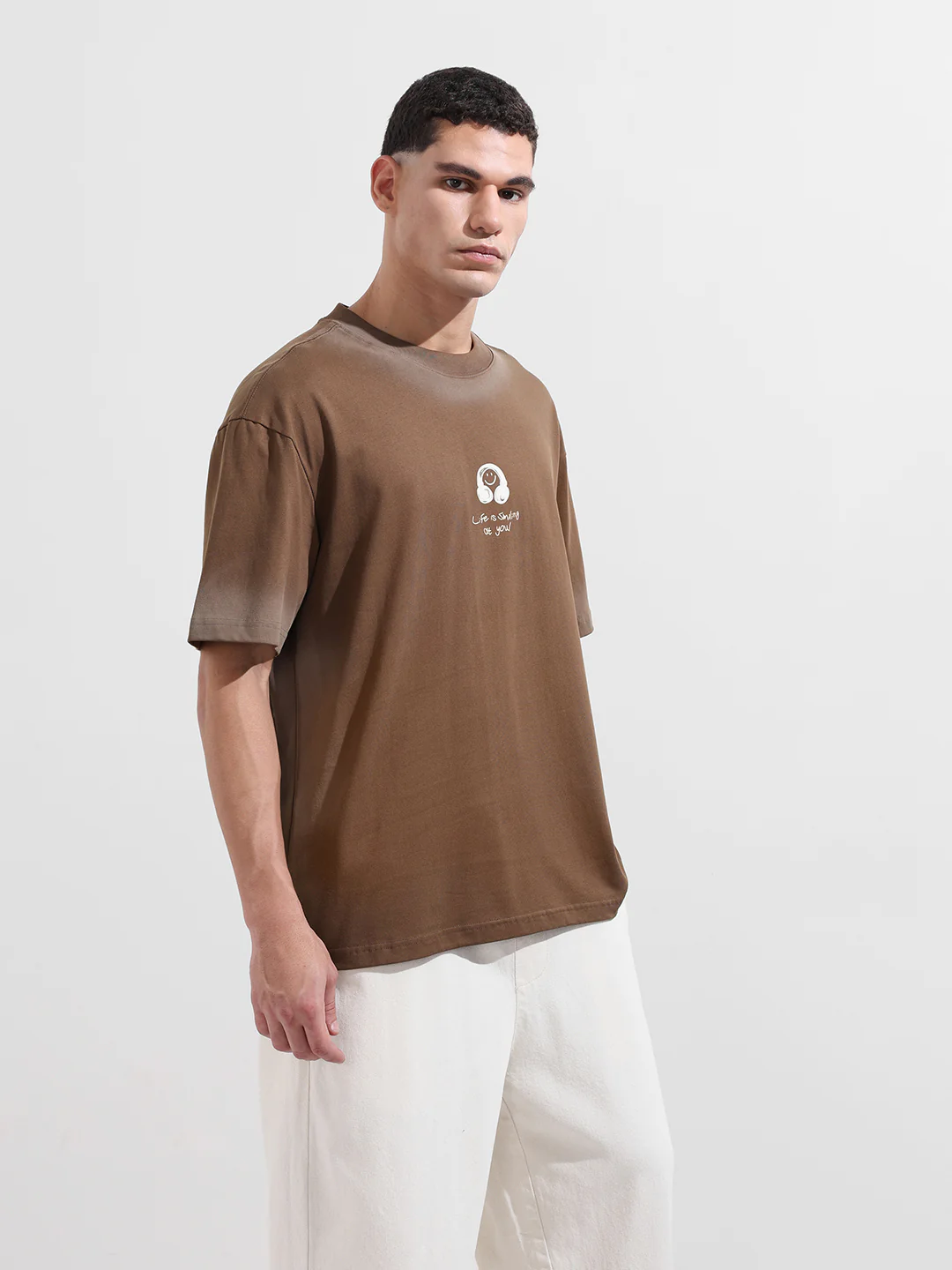 Men's Brown Relaxed Fit Graphic Printed 240 GSM Street Wear T-Shirt - Image 6