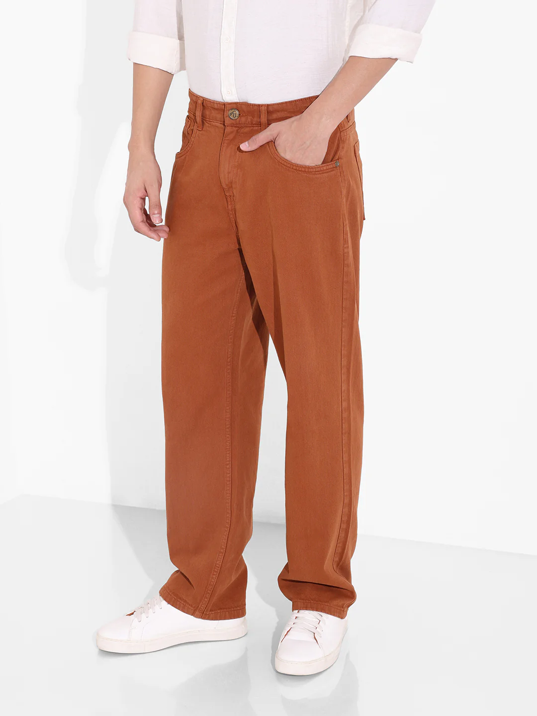 Men's Brown Relaxed Fit Solid Casual Jeans - Image 3