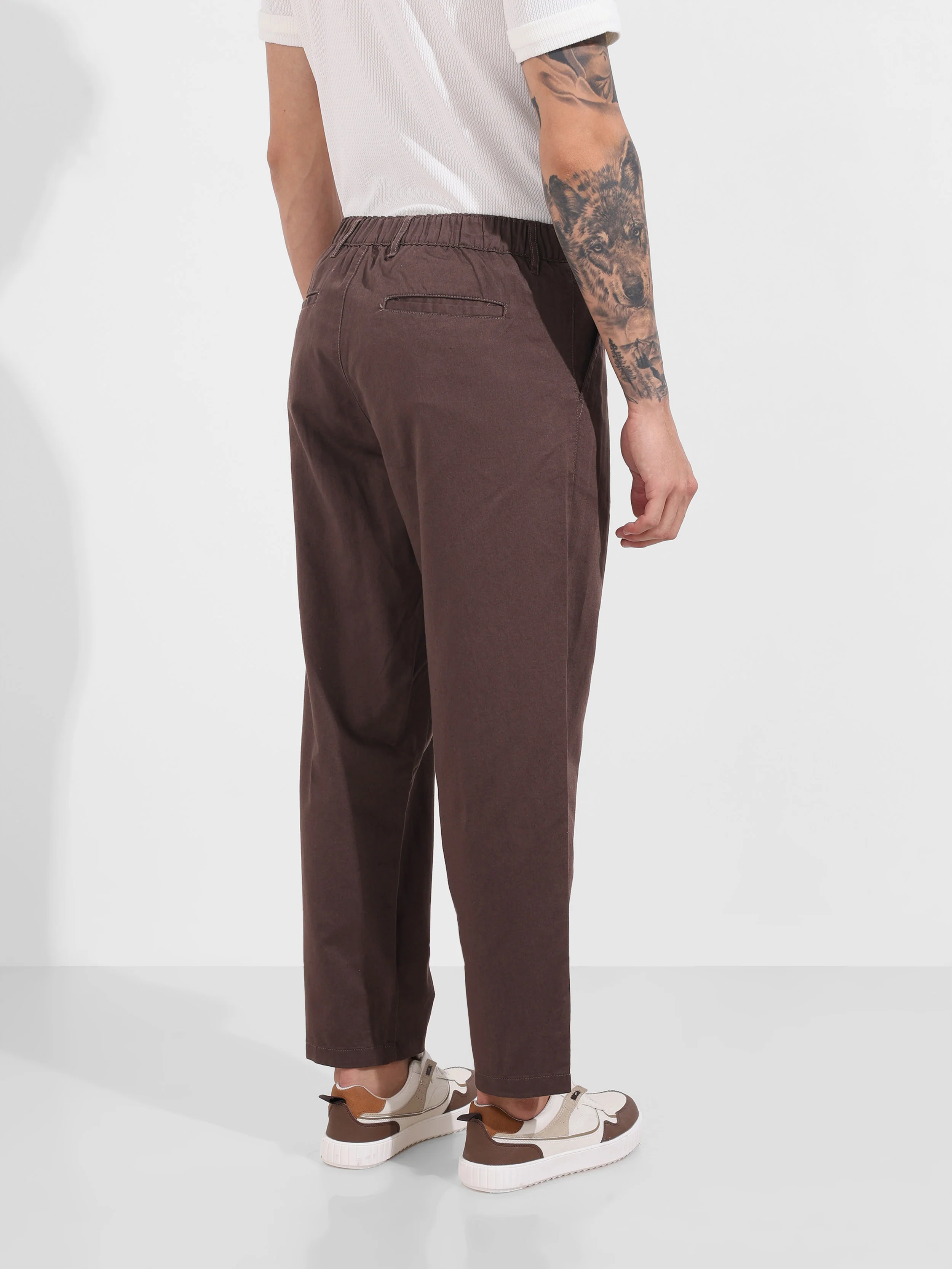Men's Brown Relaxed Fit Solid Casual Trousers - Image 6