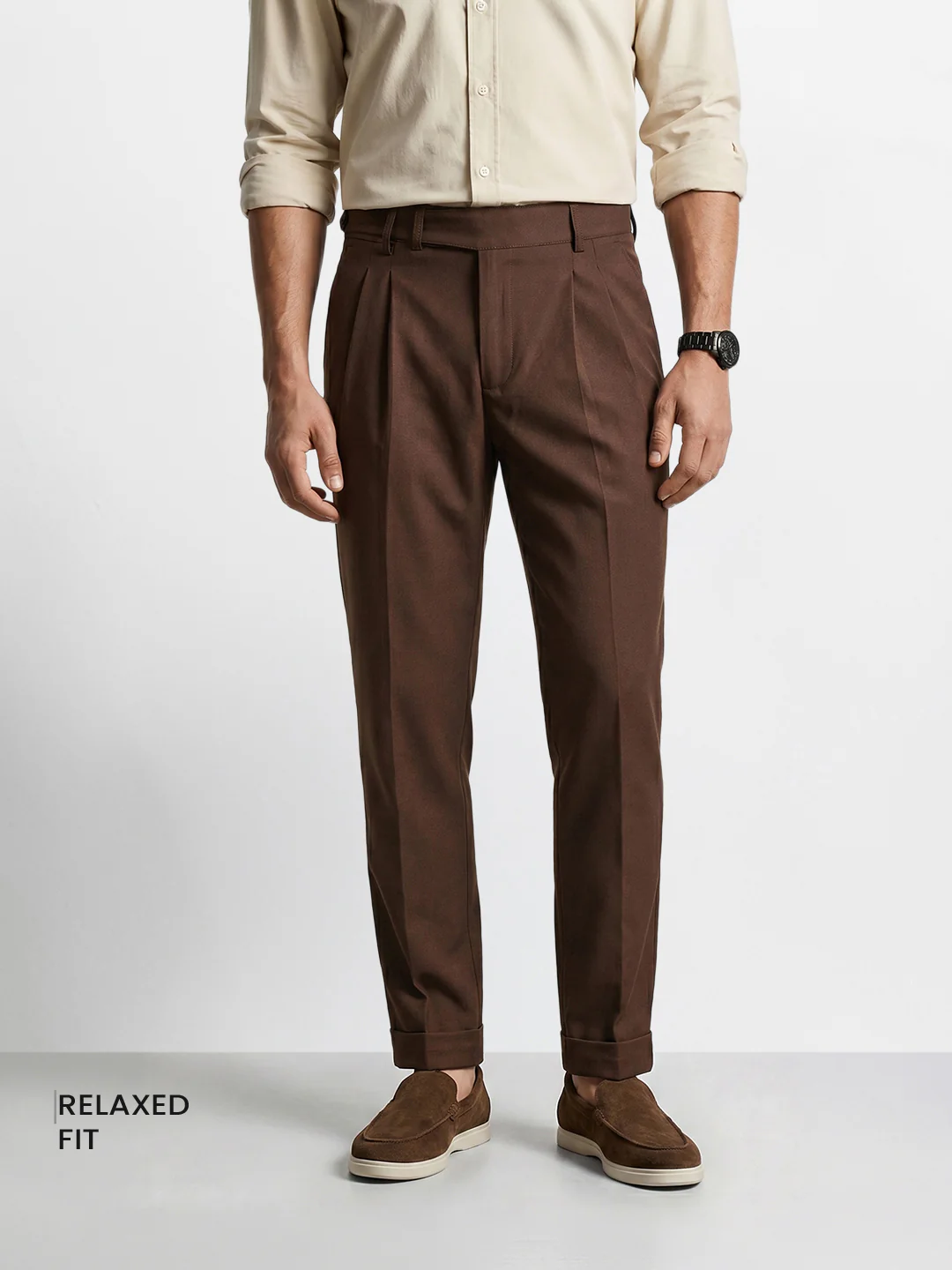 Men's Brown Relaxed Fit Solid Casual Trousers - Image 2