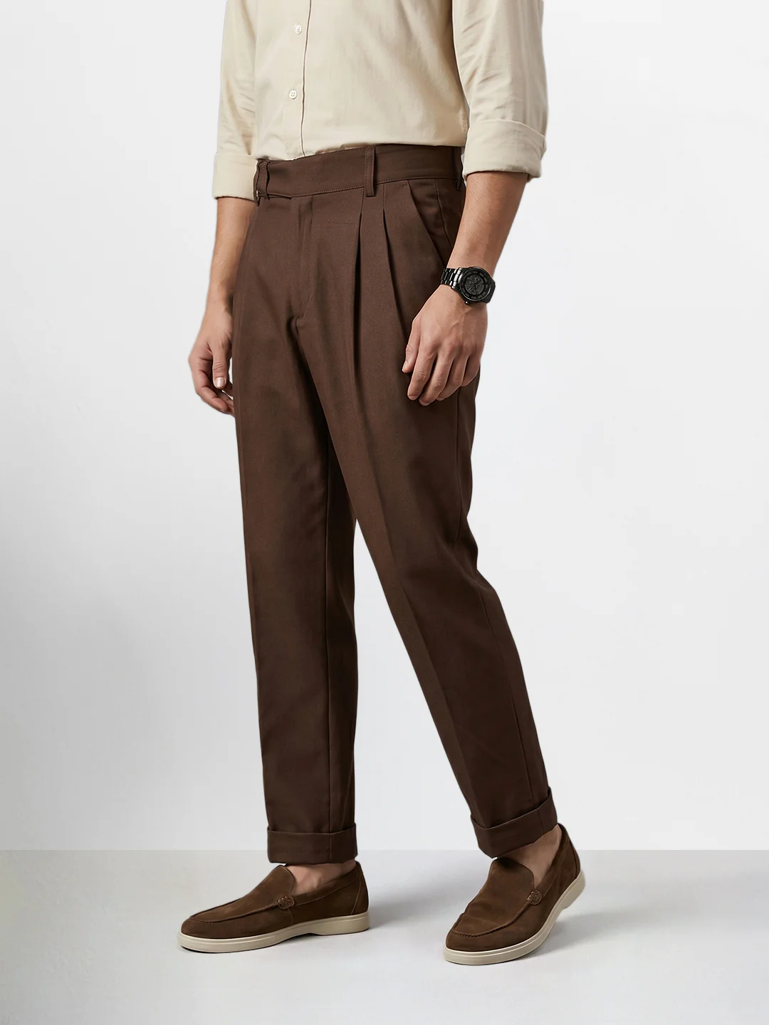 Men's Brown Relaxed Fit Solid Casual Trousers - Image 3