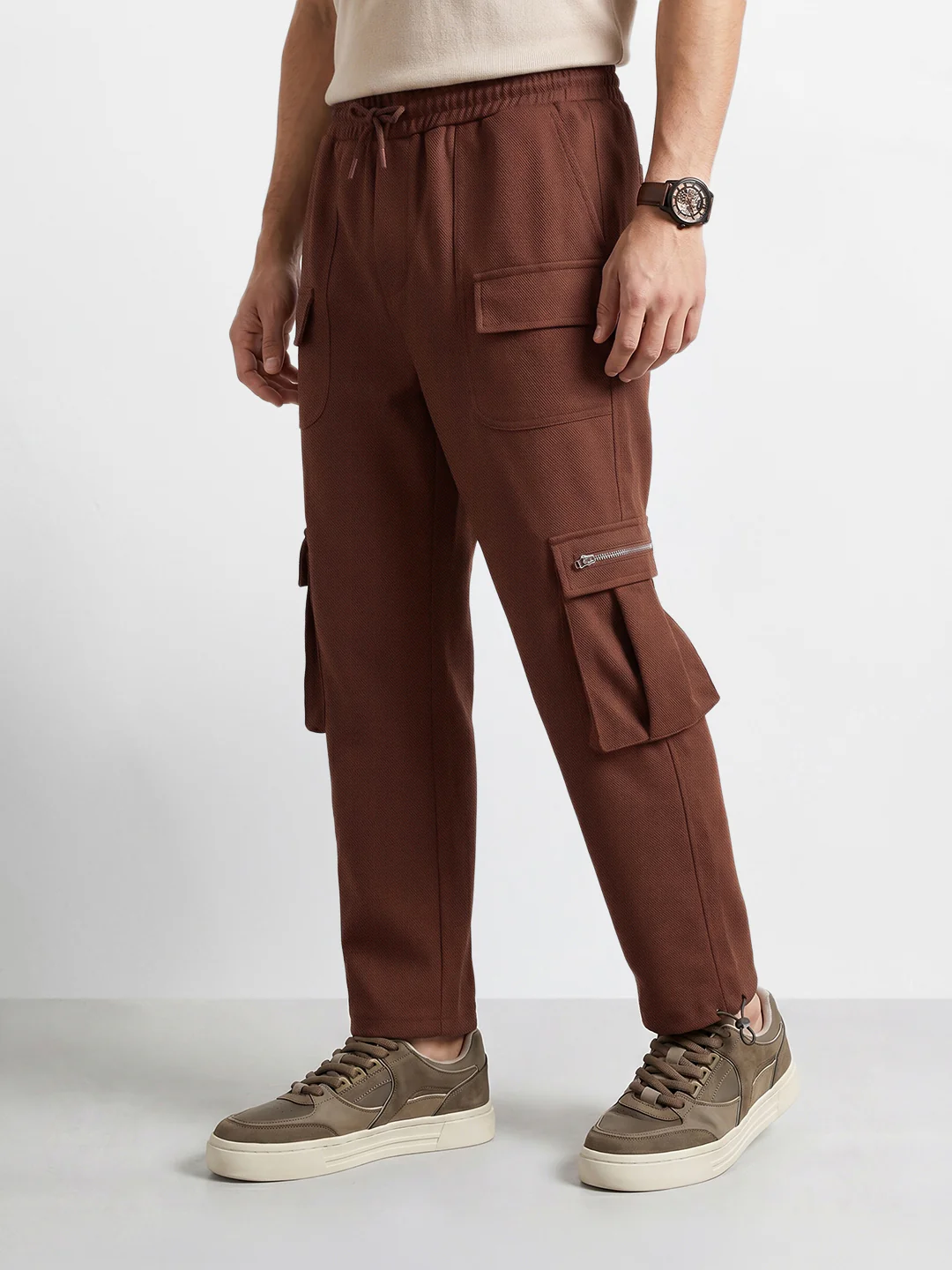 Men's Brown Relaxed Fit Solid Street Wear Joggers - Image 3