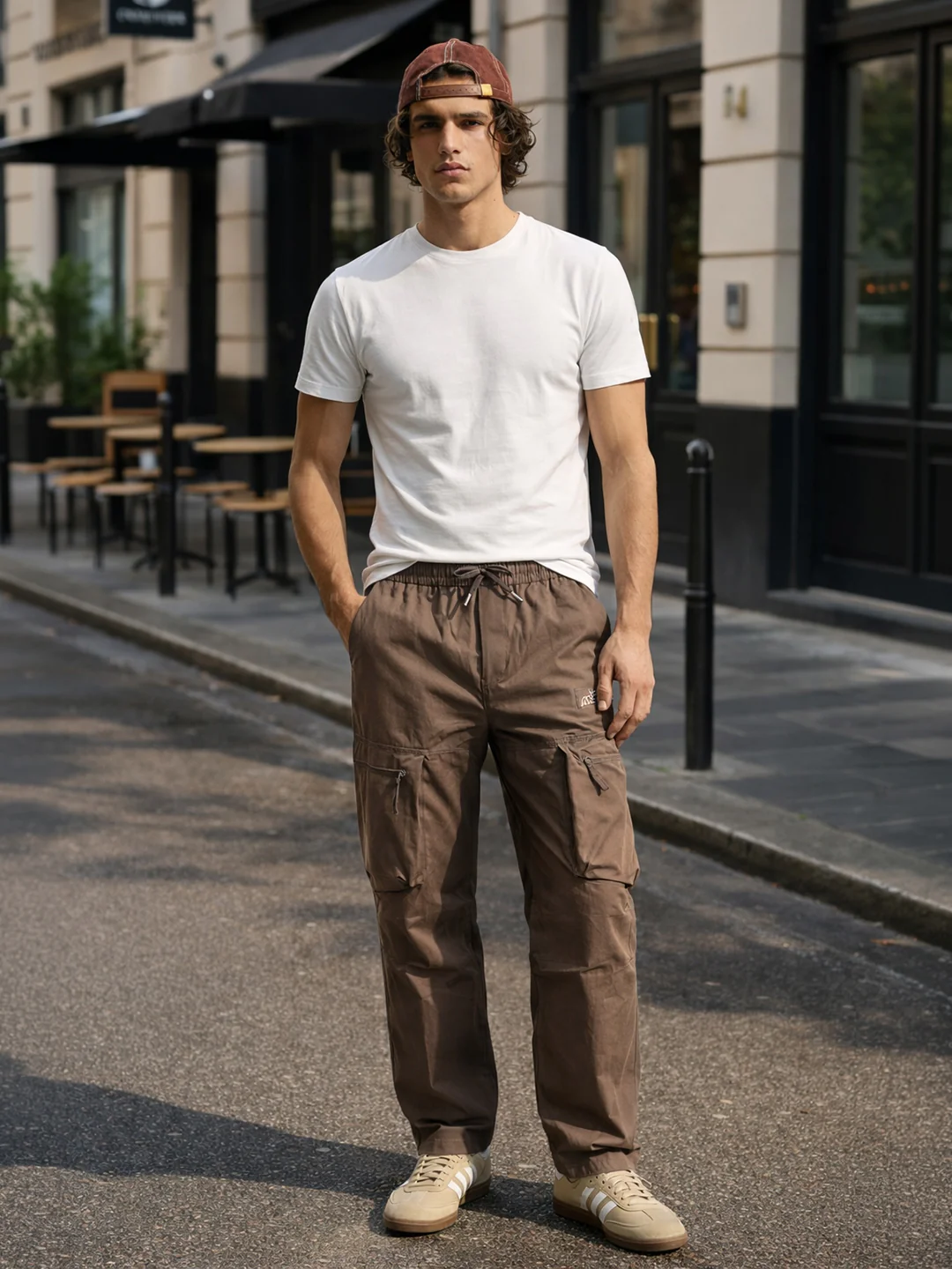 Men's Brown Relaxed Fit Solid Utility Cargo - Image 3