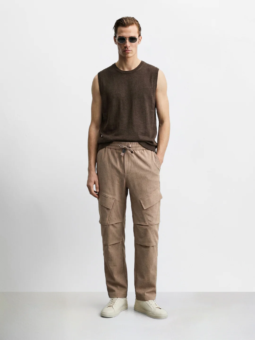 Men's Brown Relaxed Fit Solid Utility Cargo - Image 5