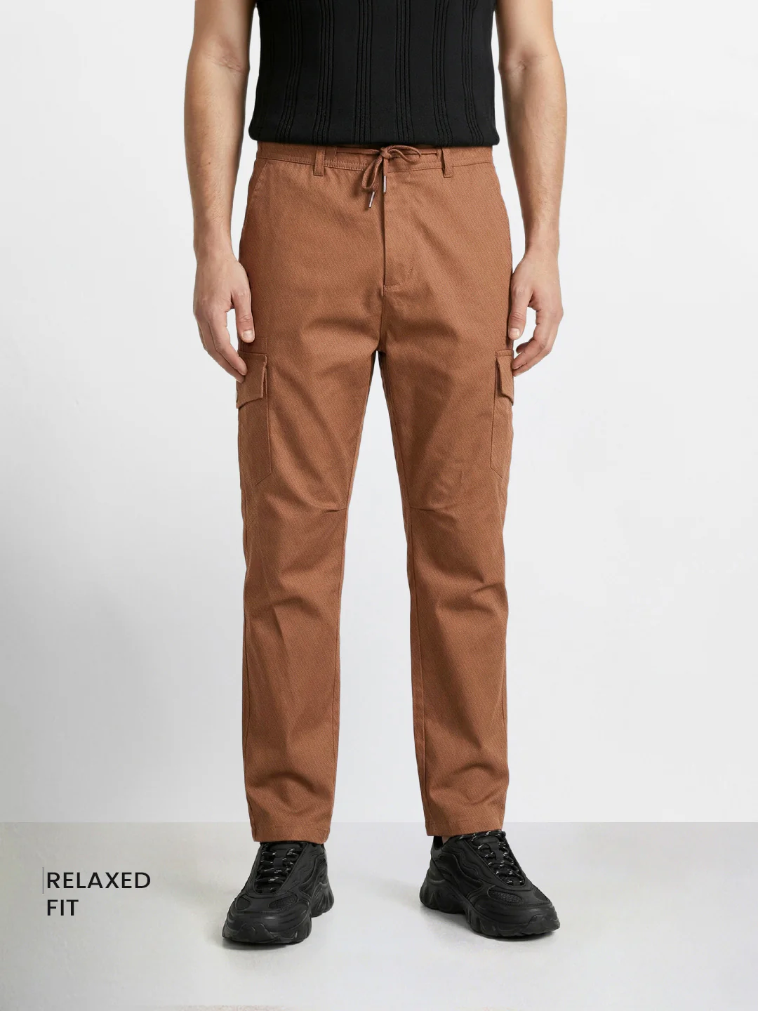 Men's Brown Relaxed Fit Solid Utility Joggers - Image 2