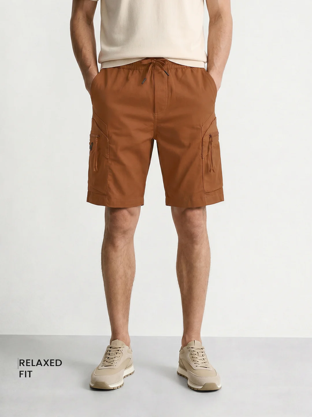 Men's Brown Relaxed Fit Solid Utility Shorts - Image 2