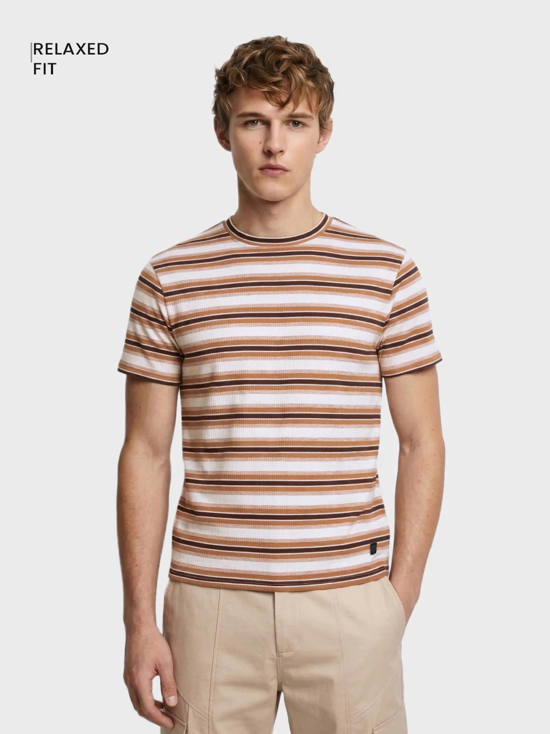 Men's Brown Relaxed Fit Striped Casual T-Shirt - Image 2