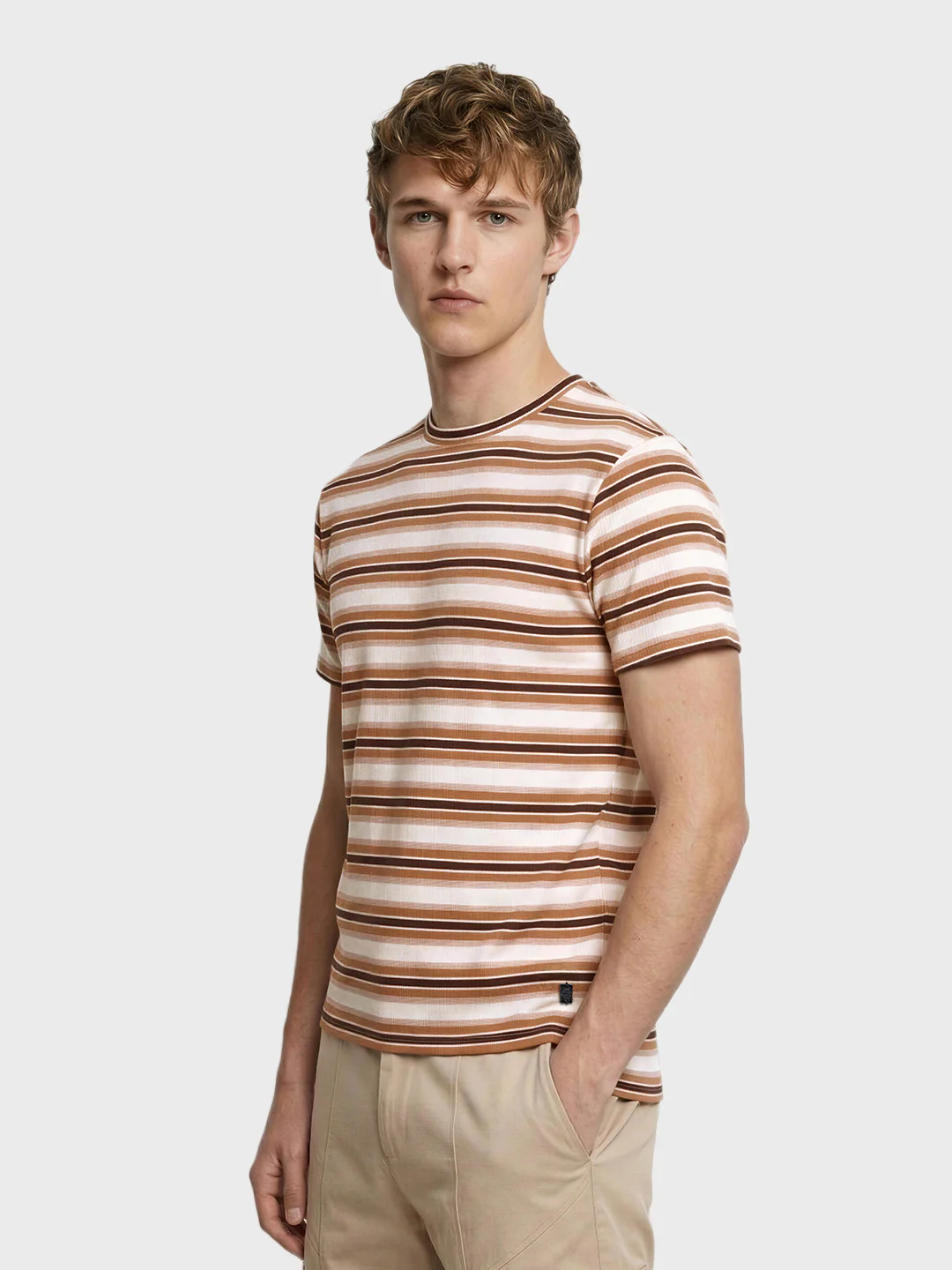 Men's Brown Relaxed Fit Striped Casual T-Shirt - Image 3