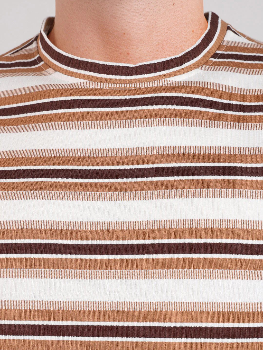 Men's Brown Relaxed Fit Striped Casual T-Shirt - Image 7