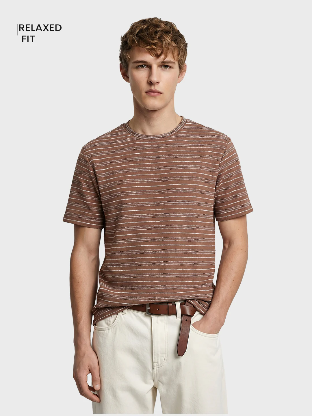 Men's Brown Relaxed Fit Striped Resort Wear T-Shirt - Image 2