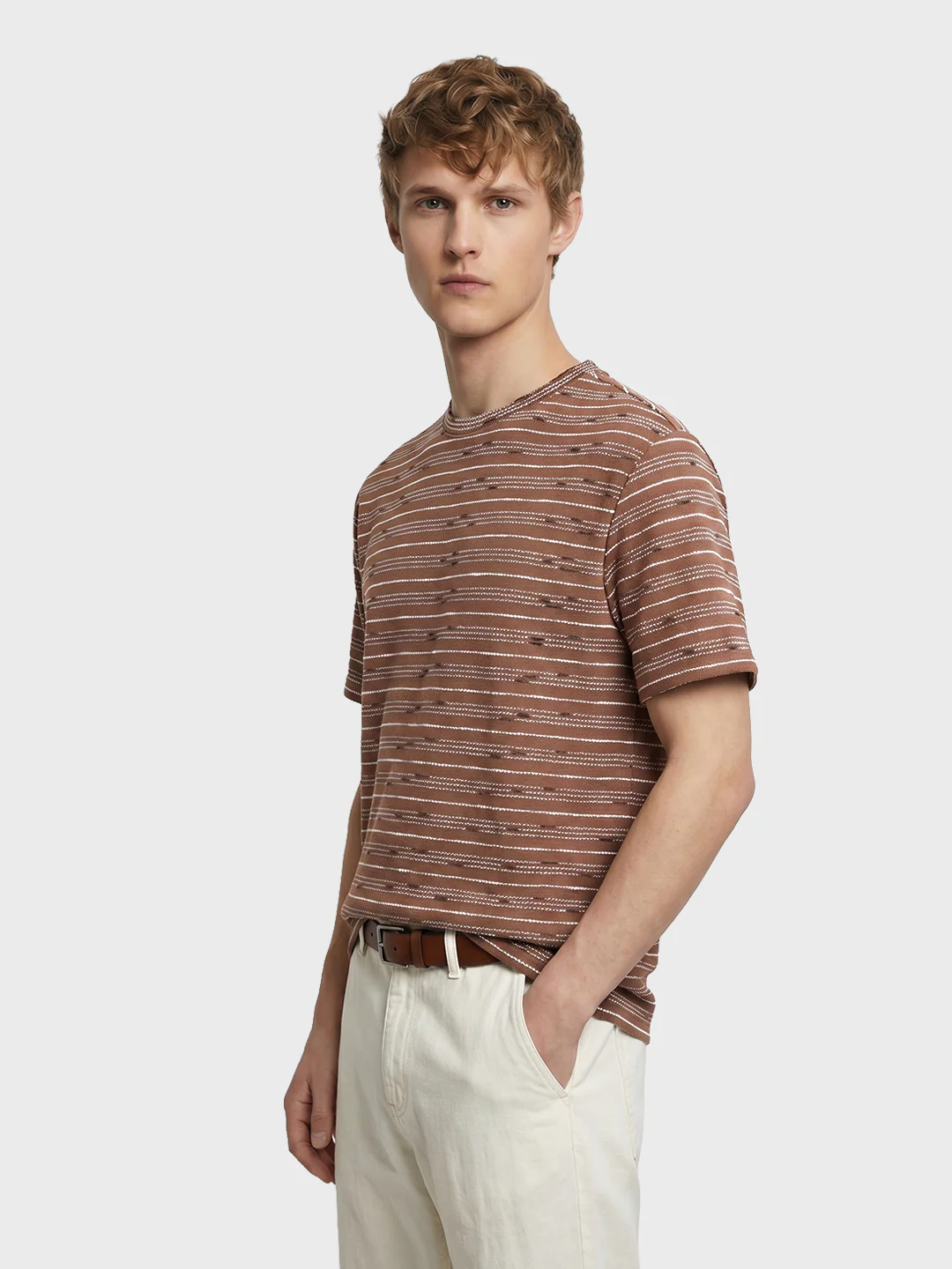 Men's Brown Relaxed Fit Striped Resort Wear T-Shirt - Image 3