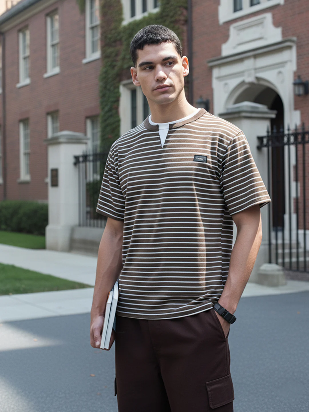 Men's Brown Relaxed Fit Striped 240 GSM Street Wear T-Shirt - Image 3
