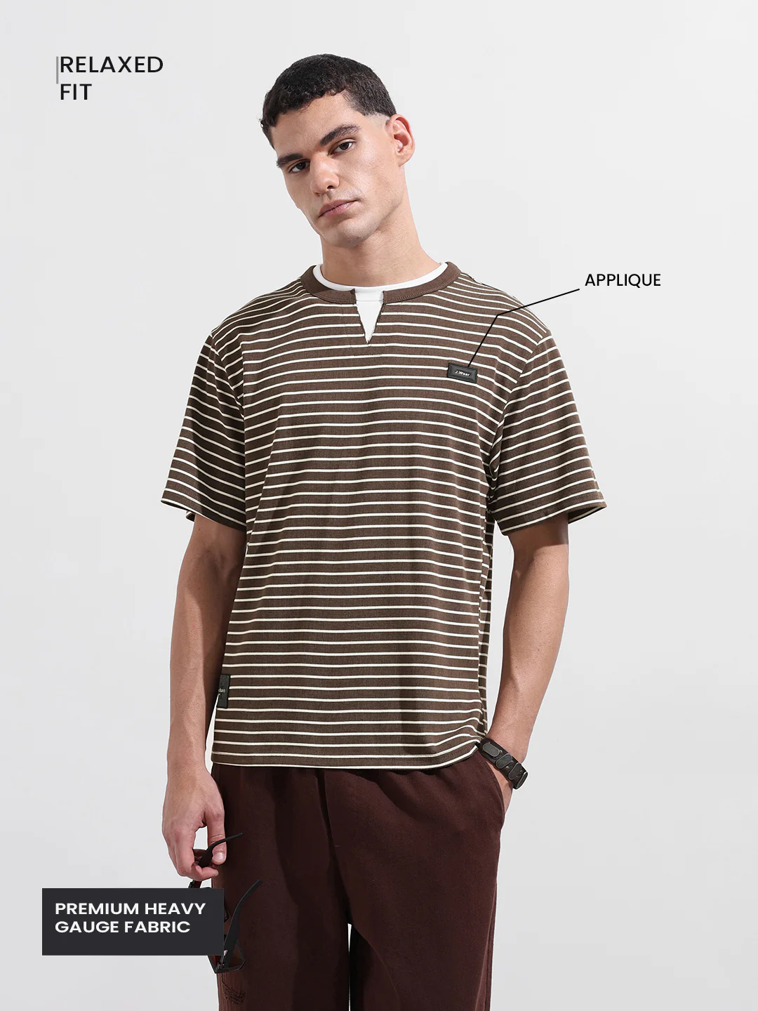 Men's Brown Relaxed Fit Striped 240 GSM Street Wear T-Shirt - Image 4