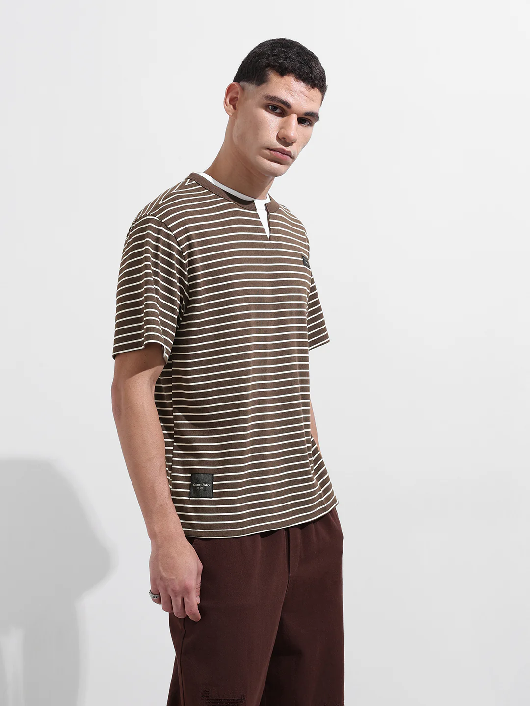 Men's Brown Relaxed Fit Striped 240 GSM Street Wear T-Shirt - Image 6