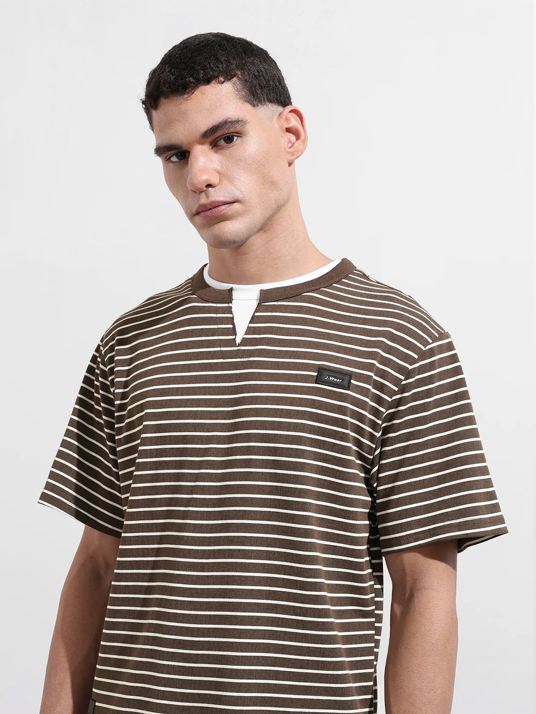 Men's Brown Relaxed Fit Striped 240 GSM Street Wear T-Shirt - Image 7