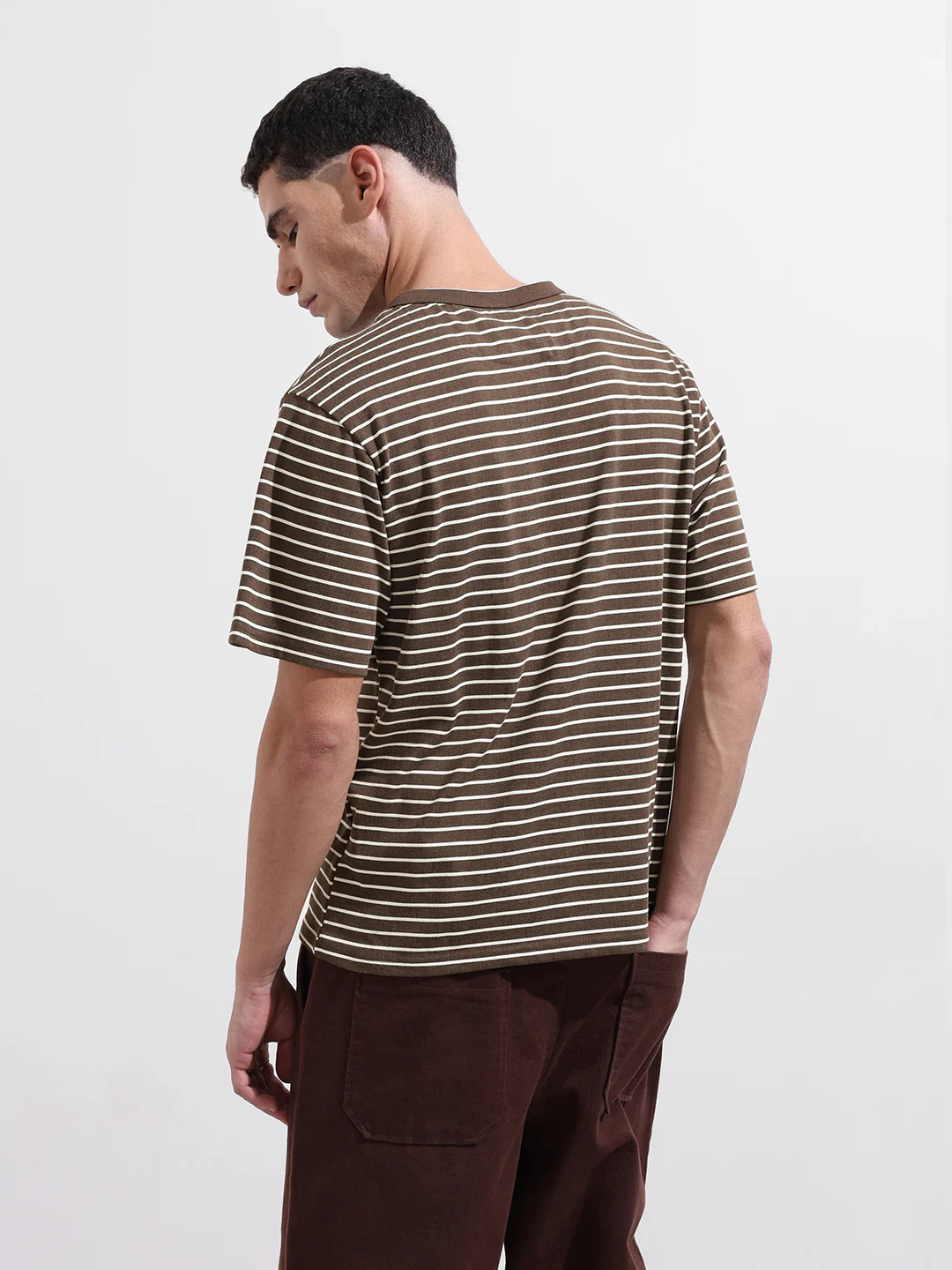 Men's Brown Relaxed Fit Striped 240 GSM Street Wear T-Shirt - Image 8