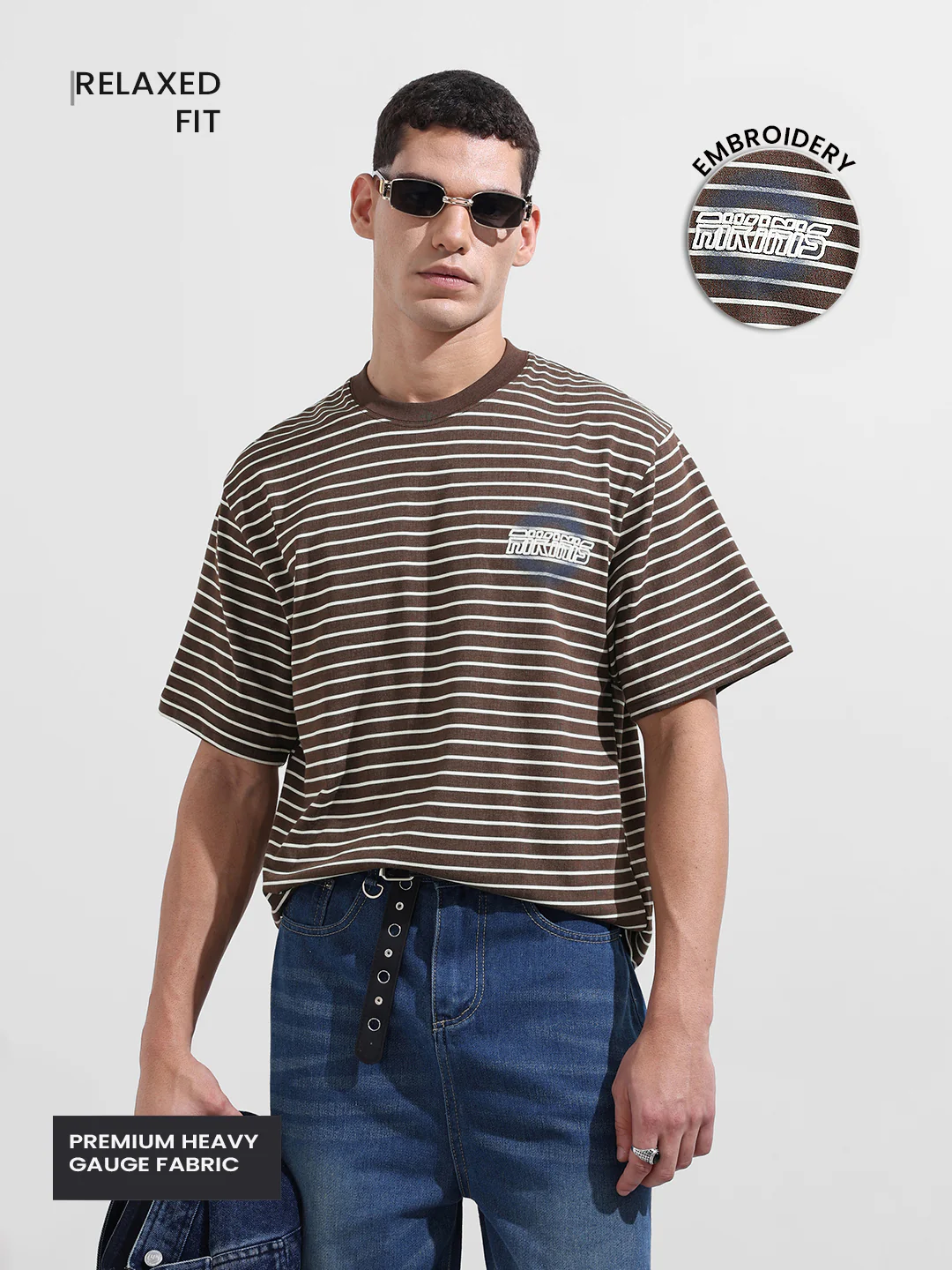 Men's Brown Relaxed Fit Striped 240 GSM Street Wear T-Shirt - Image 4