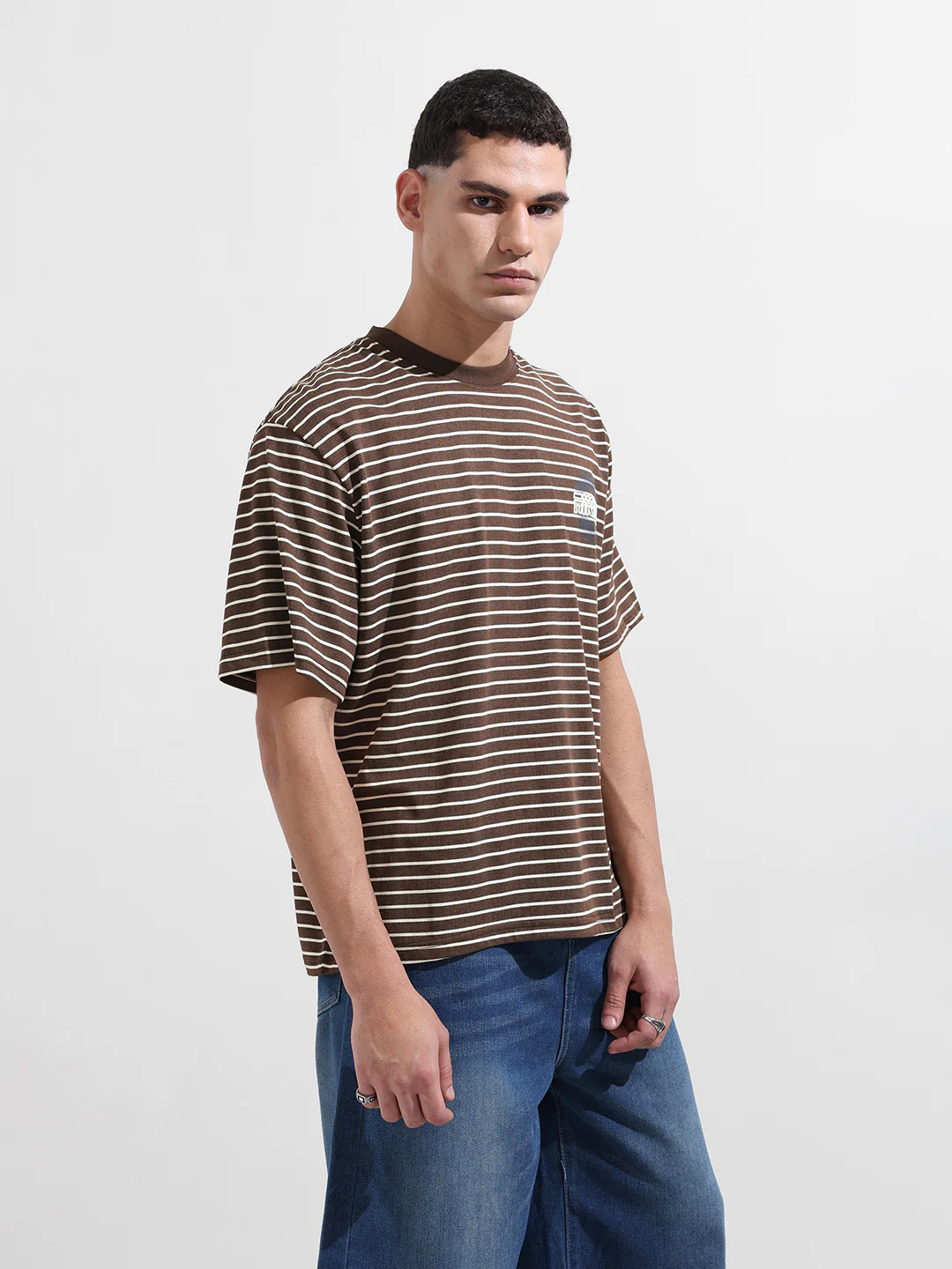 Men's Brown Relaxed Fit Striped 240 GSM Street Wear T-Shirt - Image 6