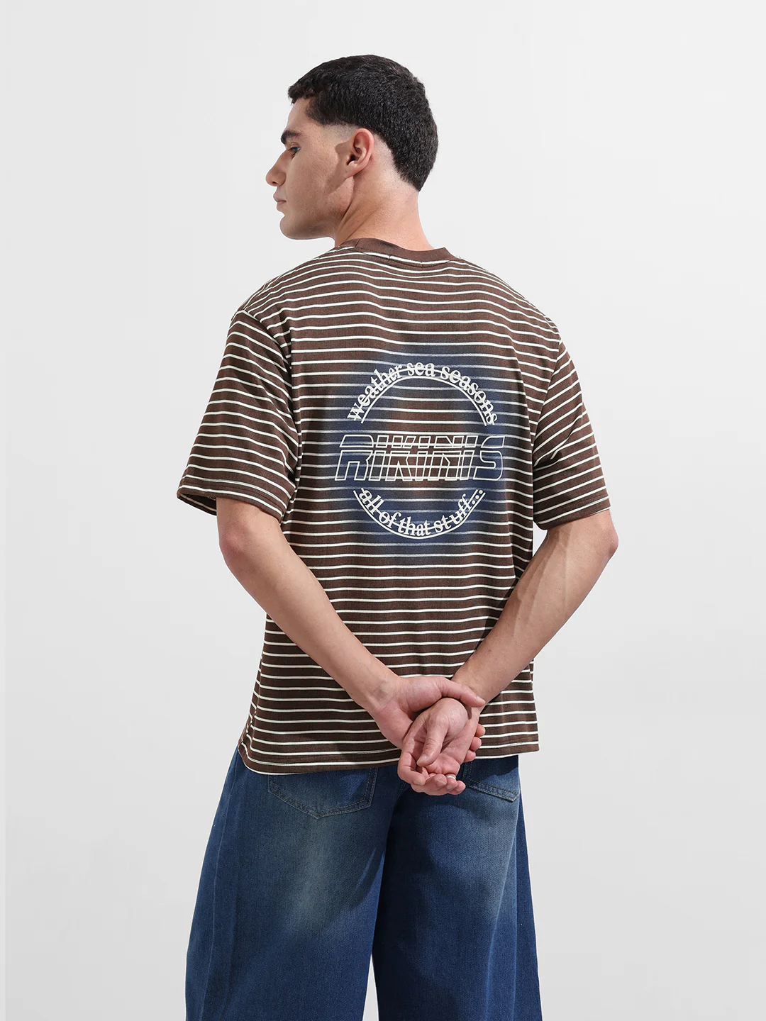 Men's Brown Relaxed Fit Striped 240 GSM Street Wear T-Shirt - Image 8