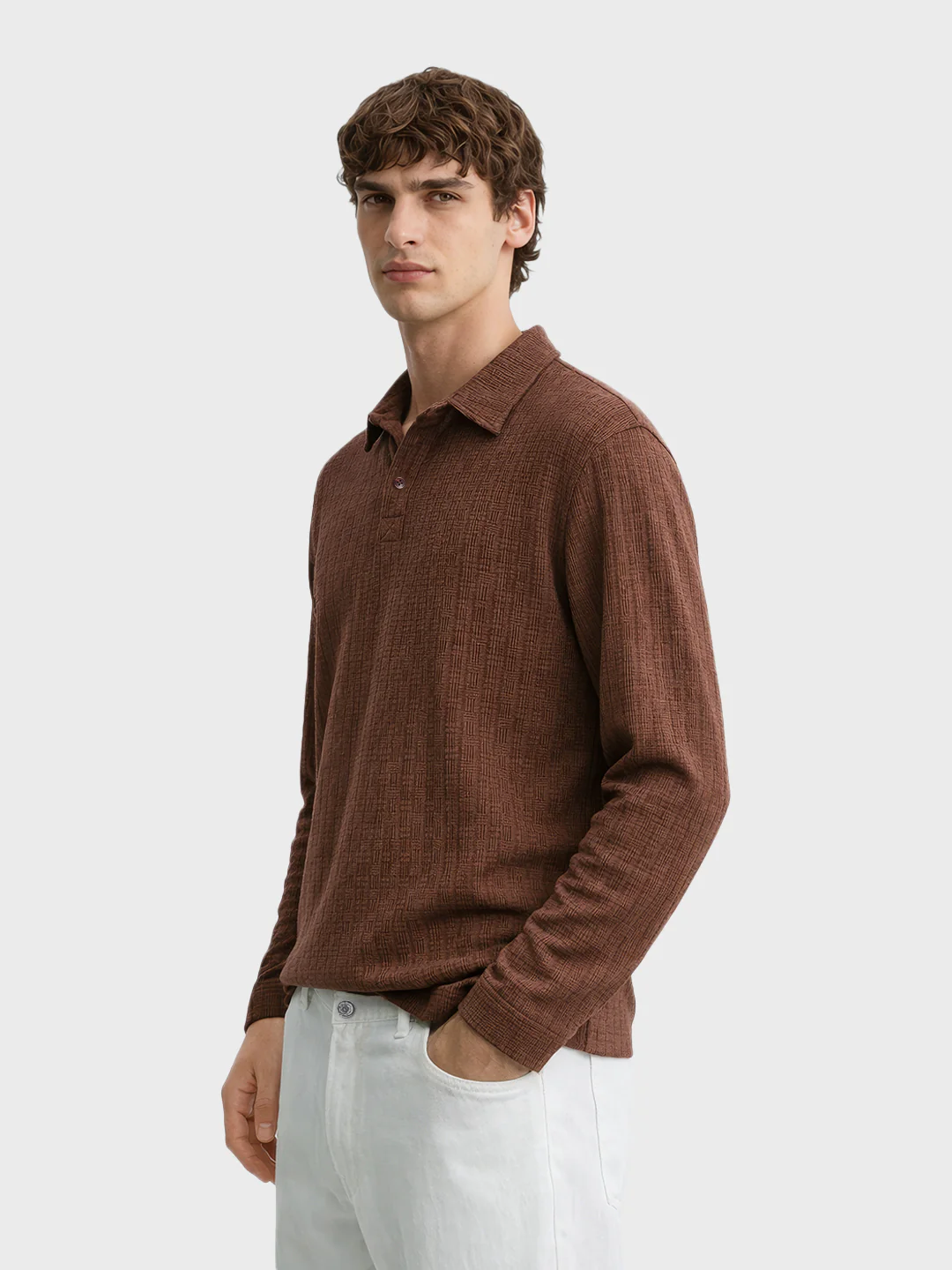 Men's Brown Relaxed Fit Textured Casual T-Shirts - Image 3