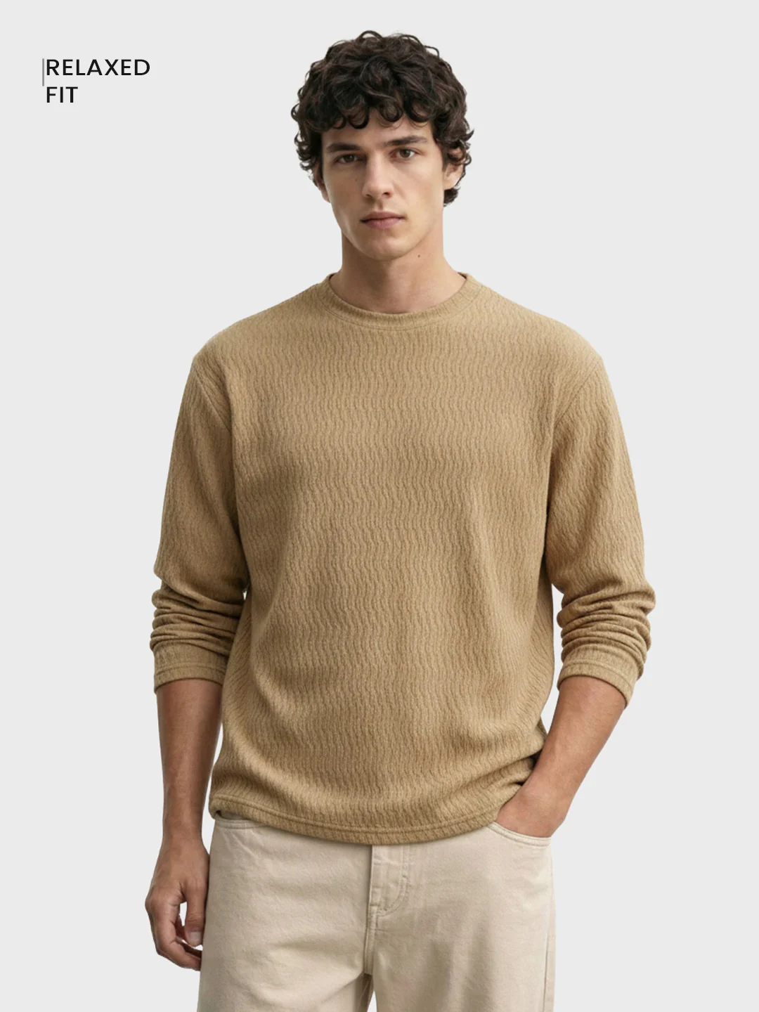 Men's Brown Relaxed Fit Textured Casual T-Shirts - Image 2