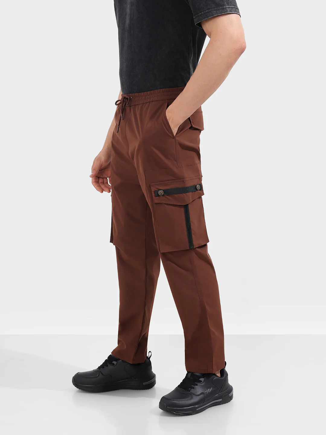 Men's Brown Relaxed Fit Textured Utility Joggers - Image 2