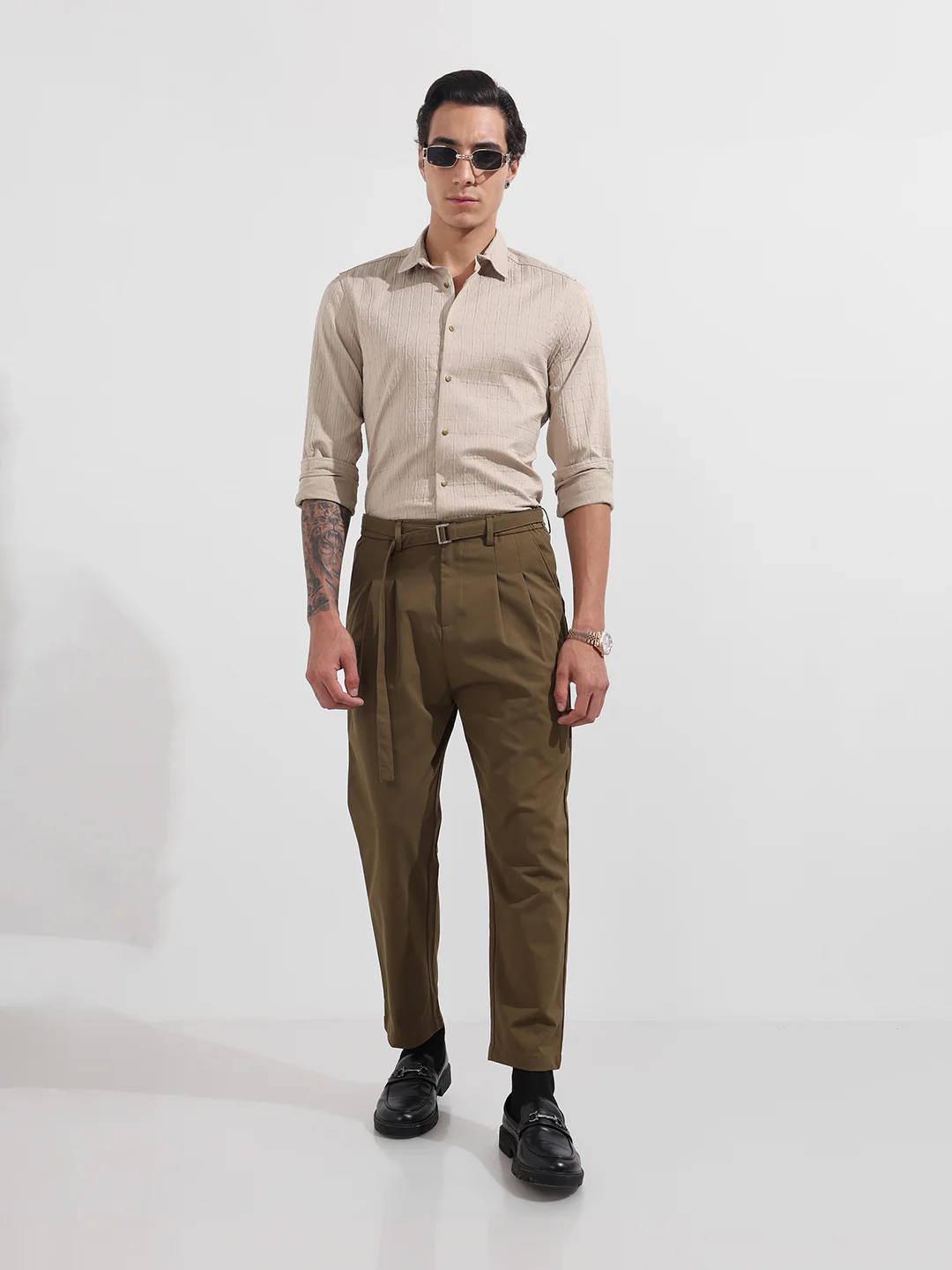 Men's Brown Relaxed Fit Textured Utility Trousers - Image 2
