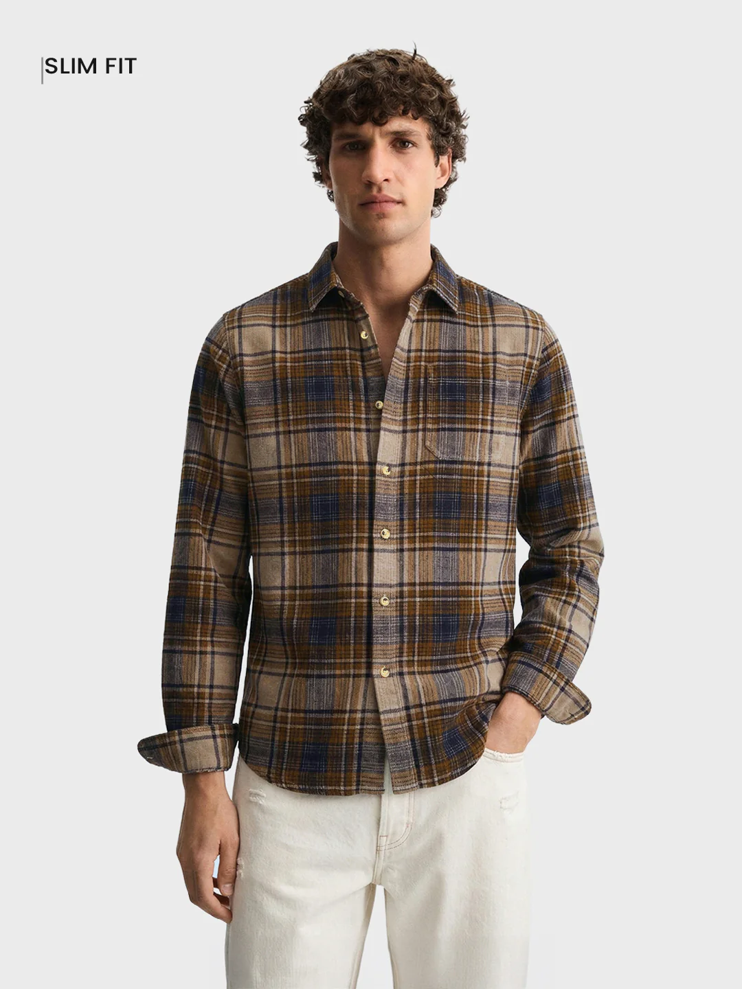 Men's Brown Slim Fit Checked Casual Shirt - Image 2