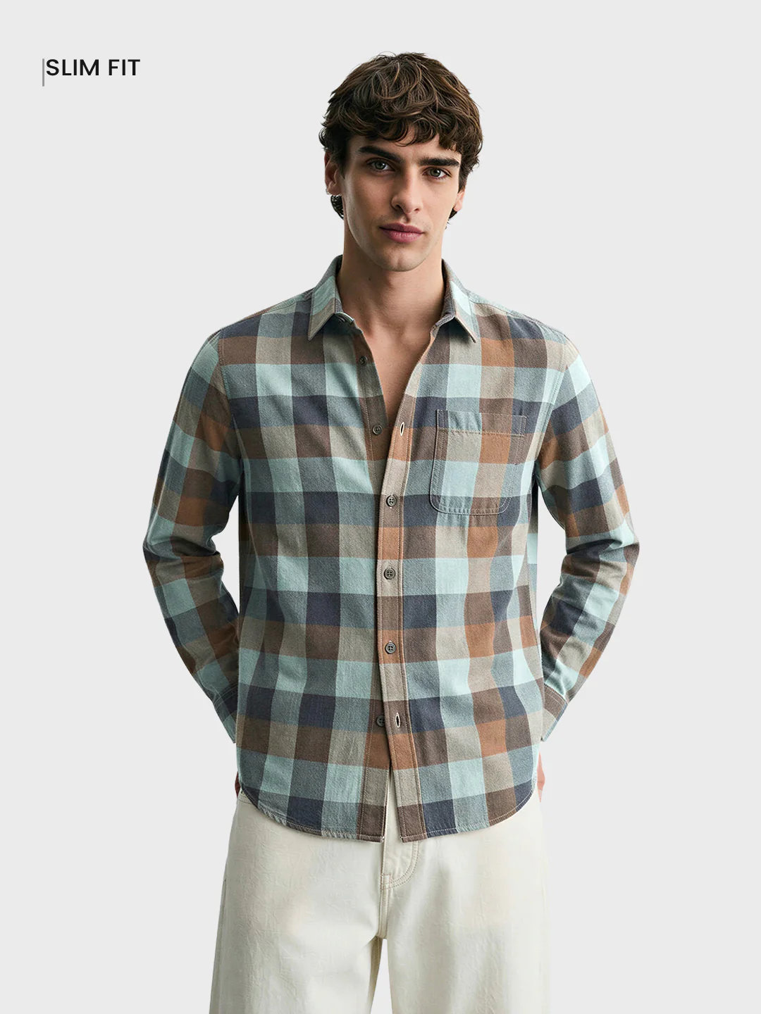 Men's Brown Slim Fit Checkered Casual Shirt - Image 2