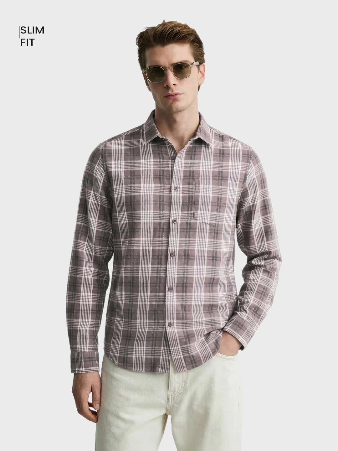 Men's Brown Slim Fit Checkered Casual Shirt - Image 2