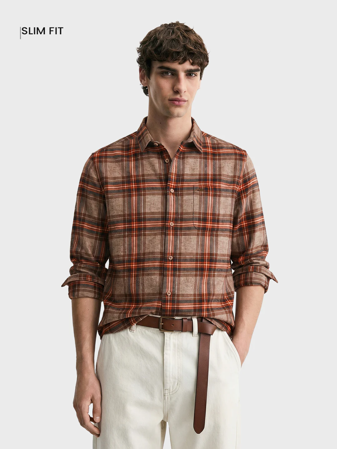 Men's Brown Slim Fit Checkered Casual Shirt - Image 2