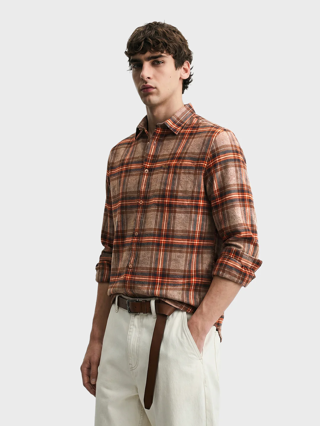 Men's Brown Slim Fit Checkered Casual Shirt - Image 4